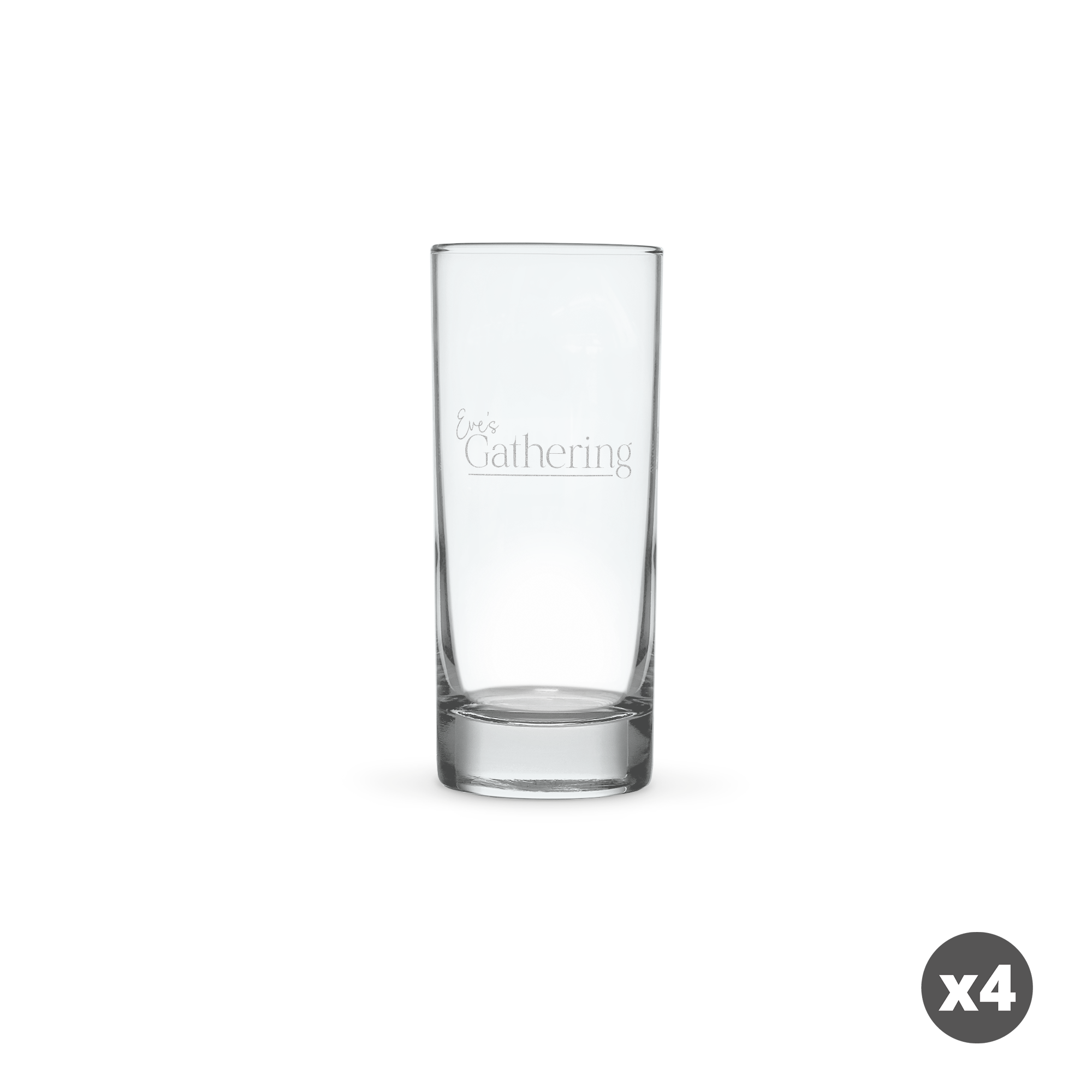 Gravert longdrinkglass med teksten "Eve's Gathering", perfekt for personlig navn eller tekst.