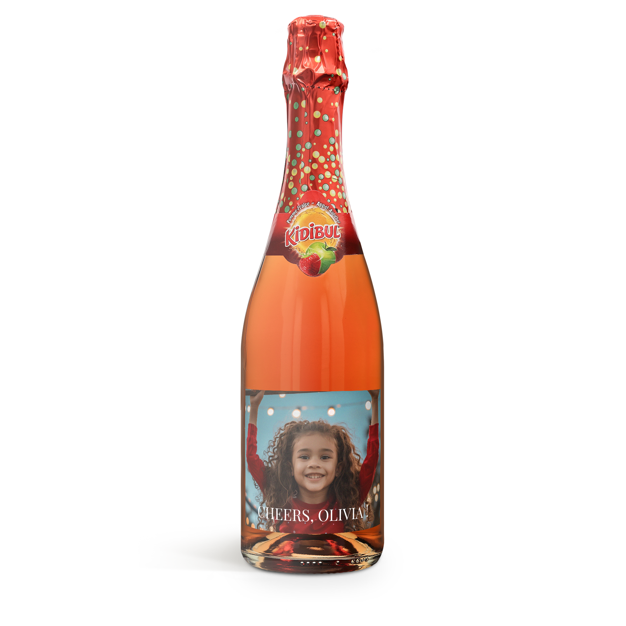 Butelka bezalkoholowych bąbelków dla dzieci z personalizowaną etykietą ze zdjęciem dziewczynki i napisem CHEERS OLIVIA.