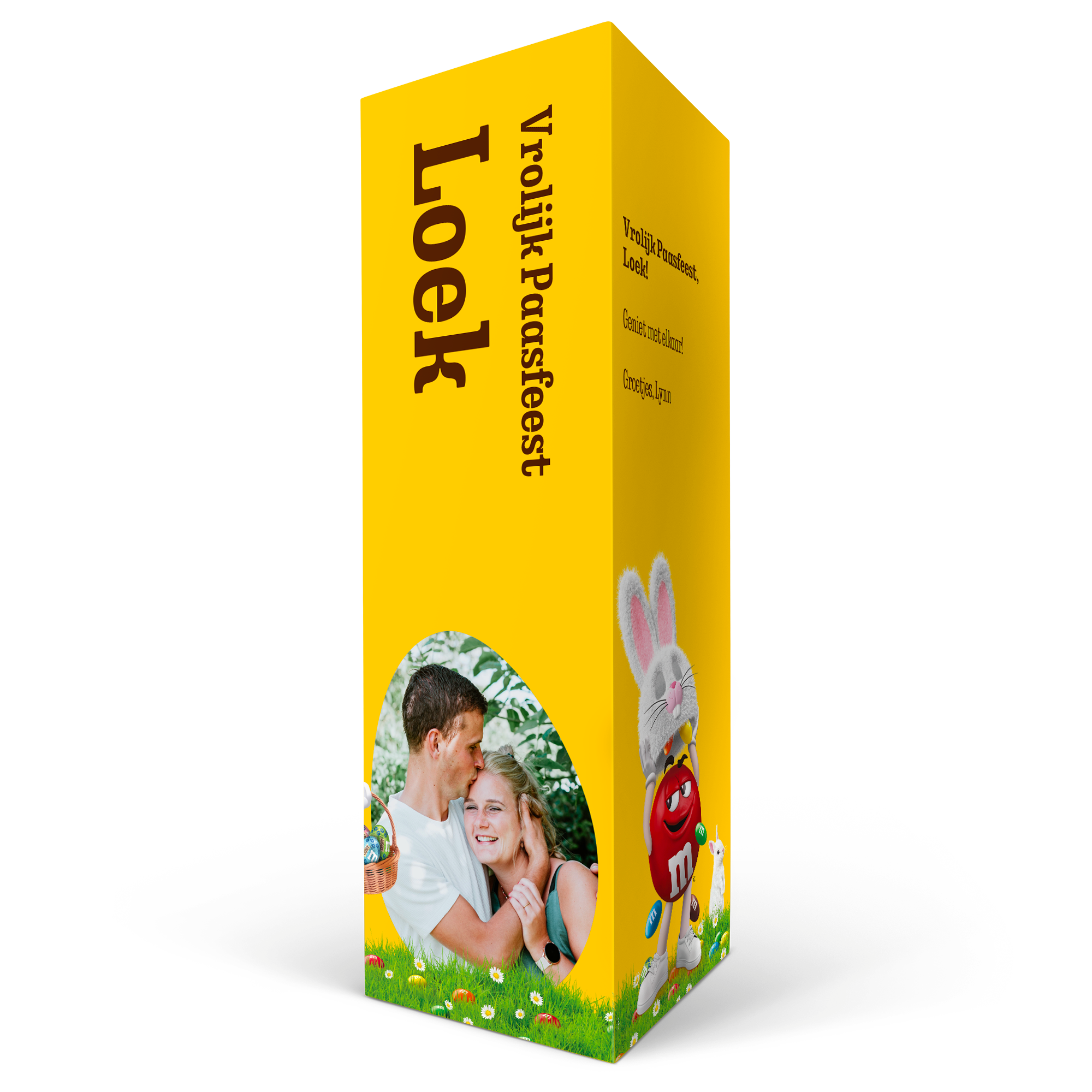 Gepersonaliseerd M&M's cadeaupakket in geel met geprinte foto, tekst 