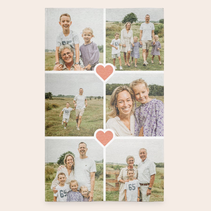 Alfombra estampada Alfombra personalizada con impresión fotográfica de 6 imágenes familiares y dos corazones rosas, un acogedor elemento decorativo para el suelo.