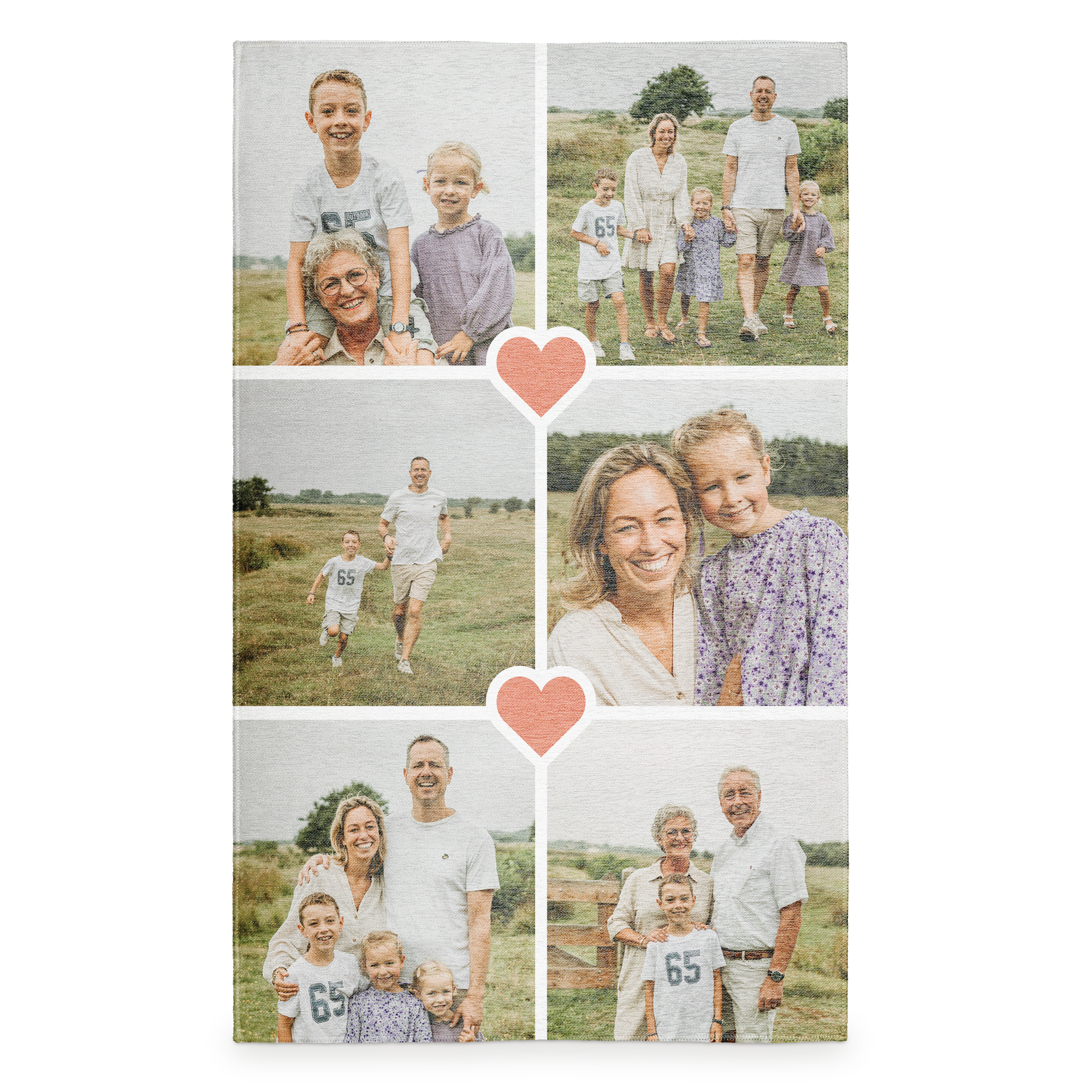 Gepersonaliseerd vloerkleed bedrukt met meerdere familiefoto's en roze harten, maak van hun favoriete herinnering een mooie decoratie