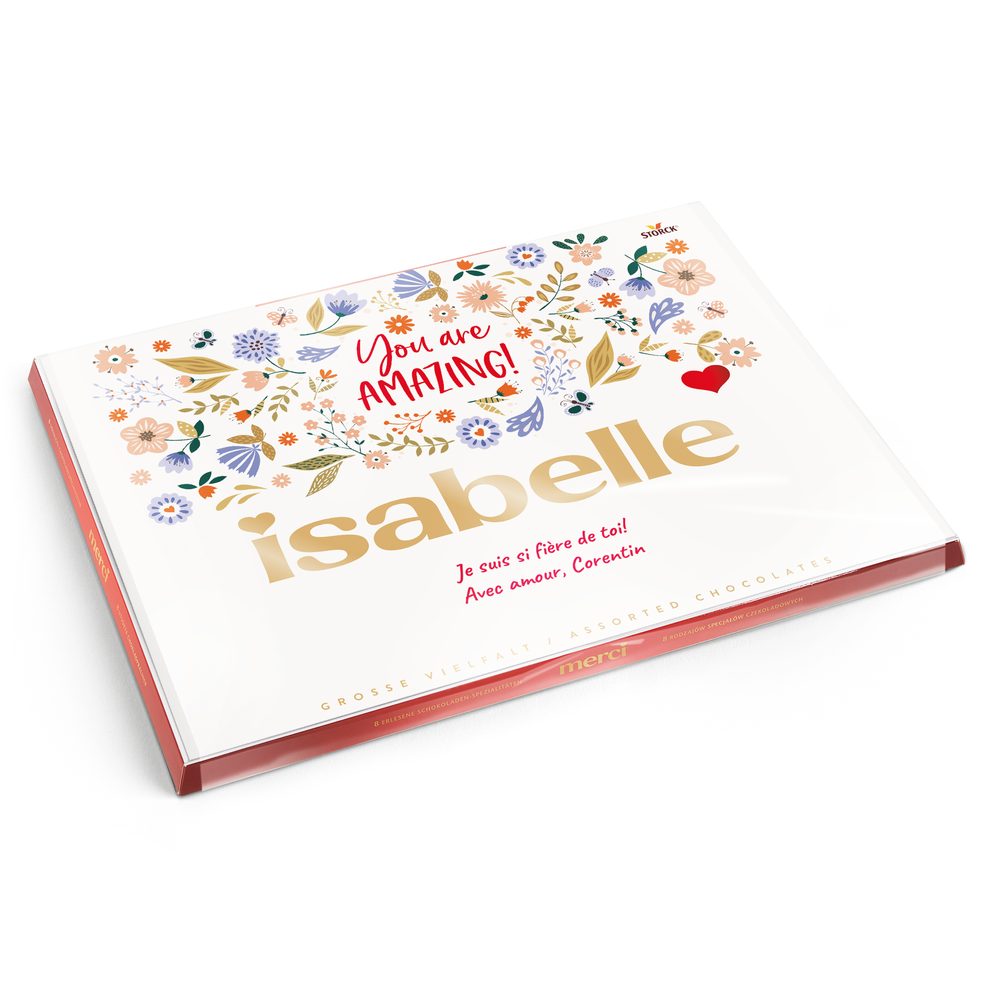 Mélange de chocolats Merci Finest Selection avec carte personnalisée - 675 grammes avec le prénom Isabelle imprimé et un message floral