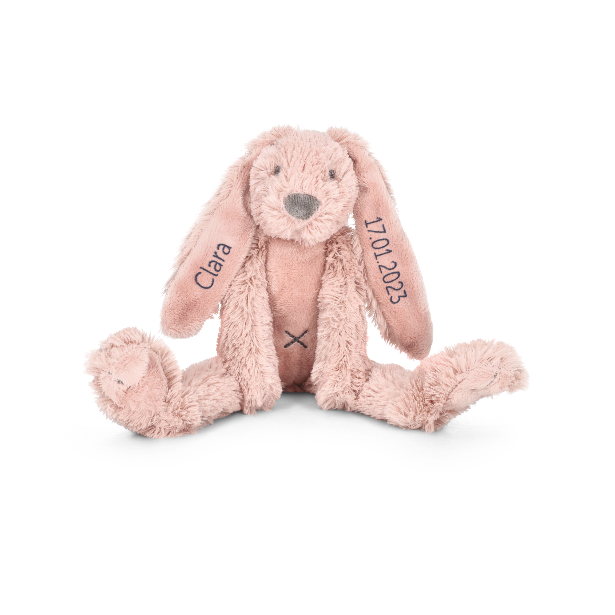 Peluche personalizado Tiny Rabbit Richie rosa con nombre Clara y fecha 17.01.2023 bordados en las orejas.