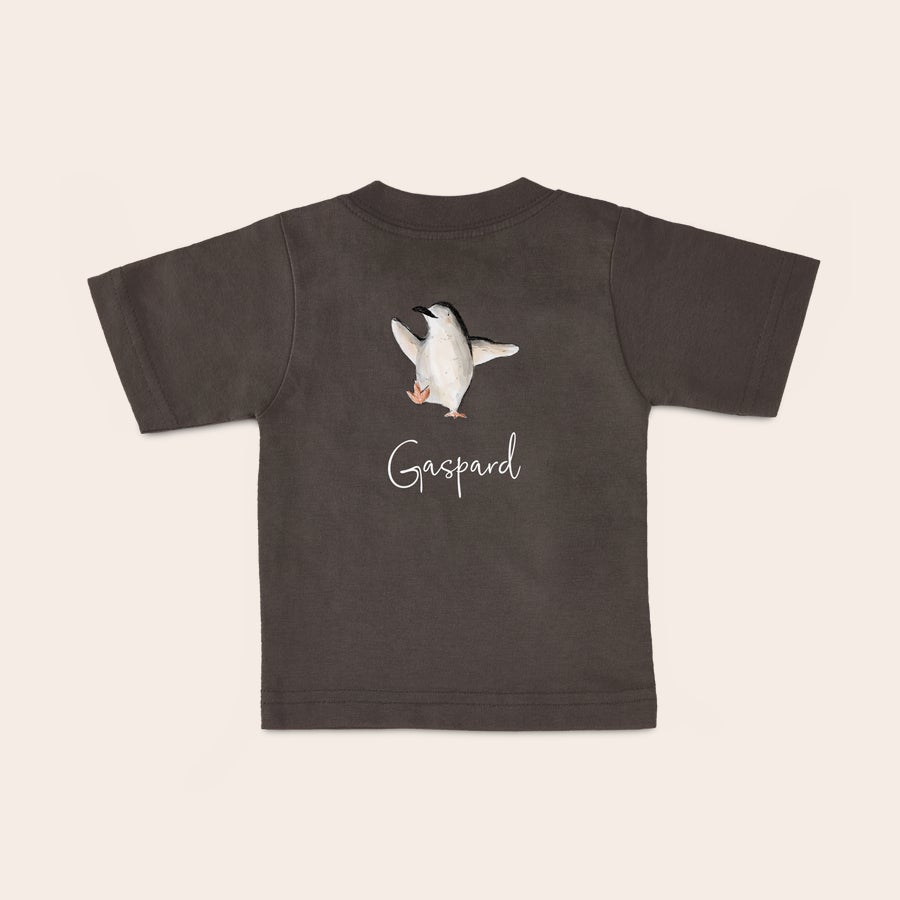 T shirt bébé personnalisé T-shirt bébé gris personnalisé imprimé avec un pingouin et le nom Gaspard