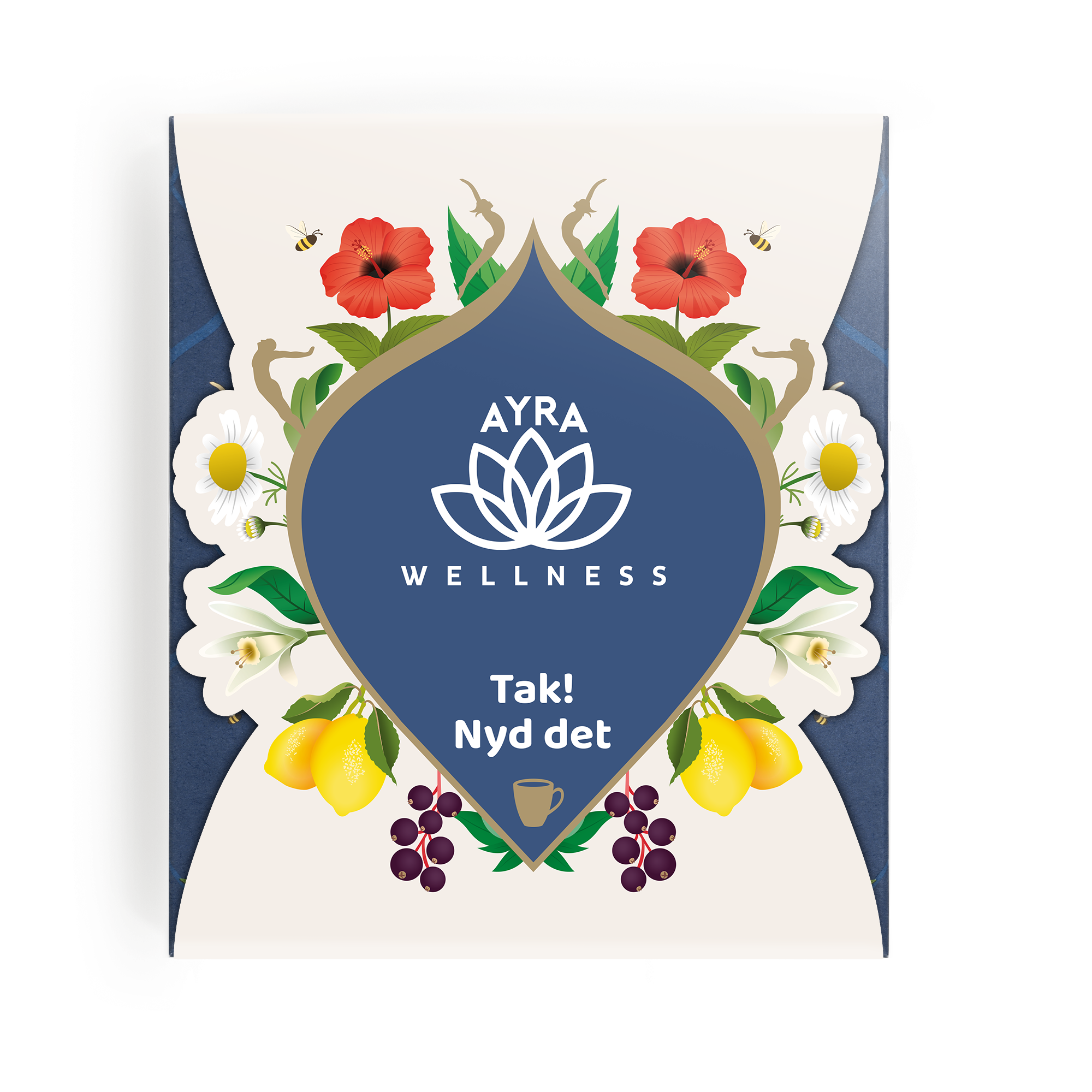 Personligt Pukka te gavesæt med teksten Tak! Nyd det, trykt på æsken med hibiscus, citroner og bær.