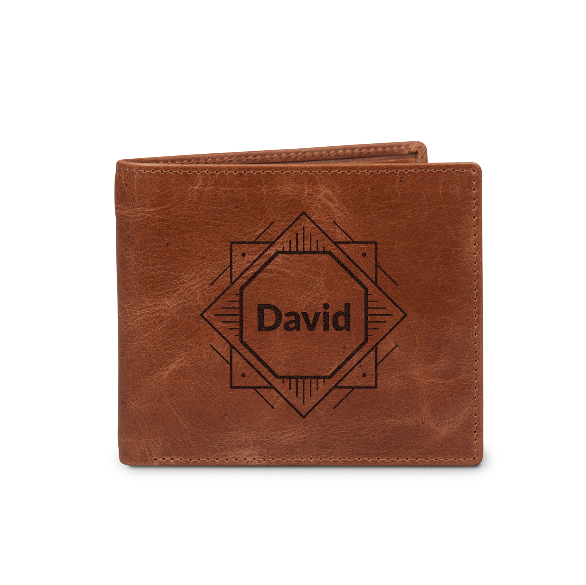 Portefeuille luxueux en cuir marron personnalisé avec le prénom David gravé au centre
