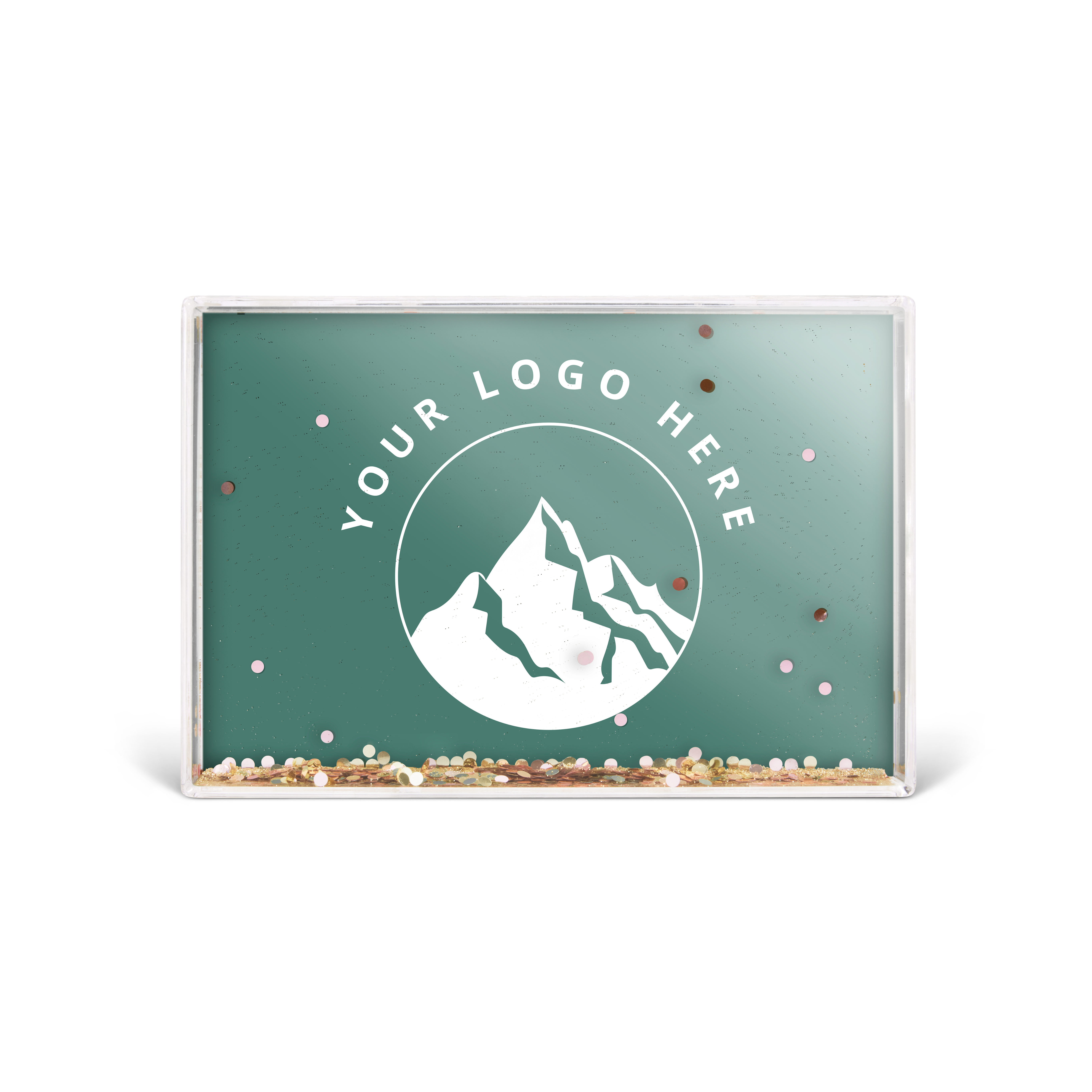 Glob de zăpadă dreptunghiular personalizat cu un logo Your Logo Here, munti albi și confetti colorate.