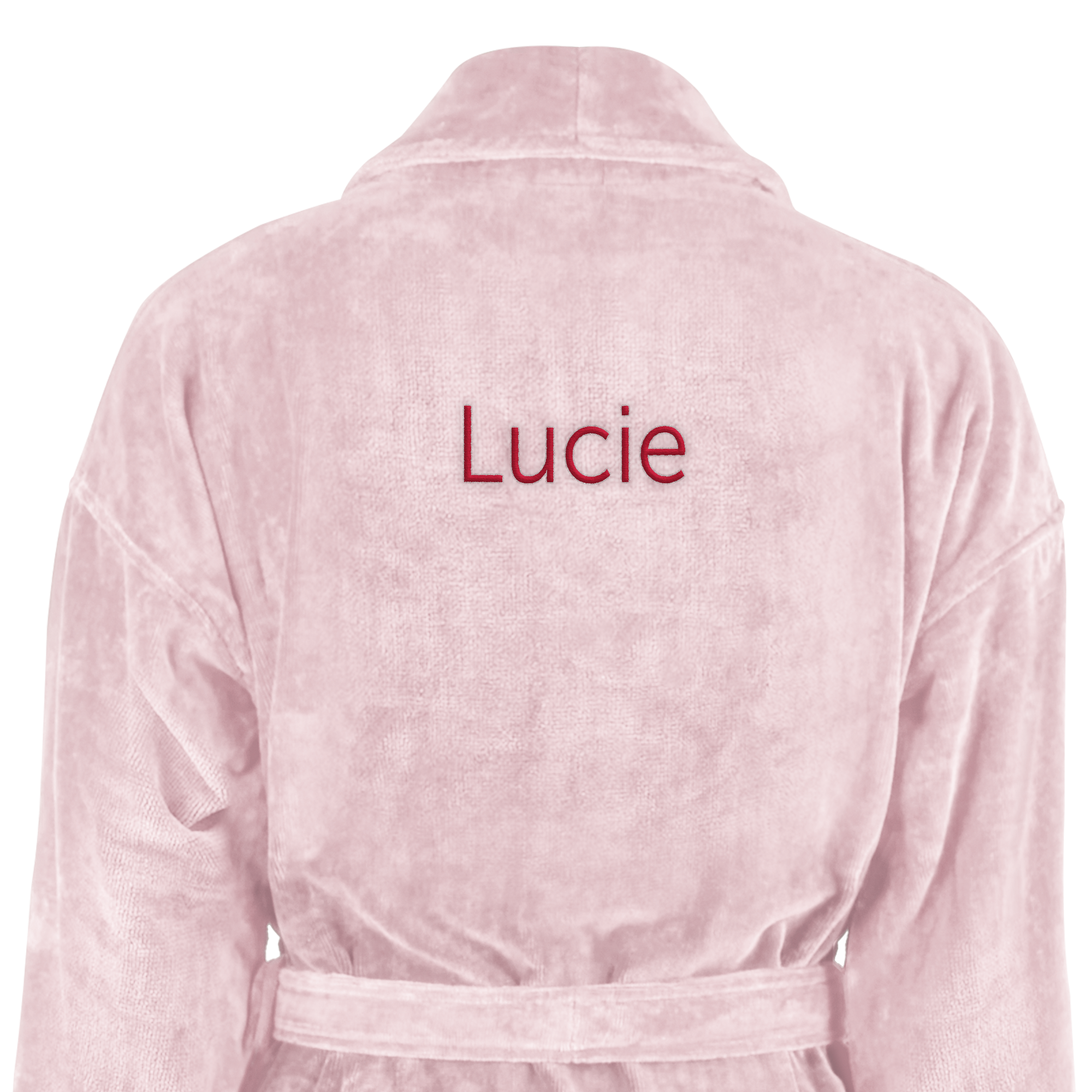 Peignoir personnalisé rose pour femme avec le nom Lucie brodé en rouge, un luxueux cadeau