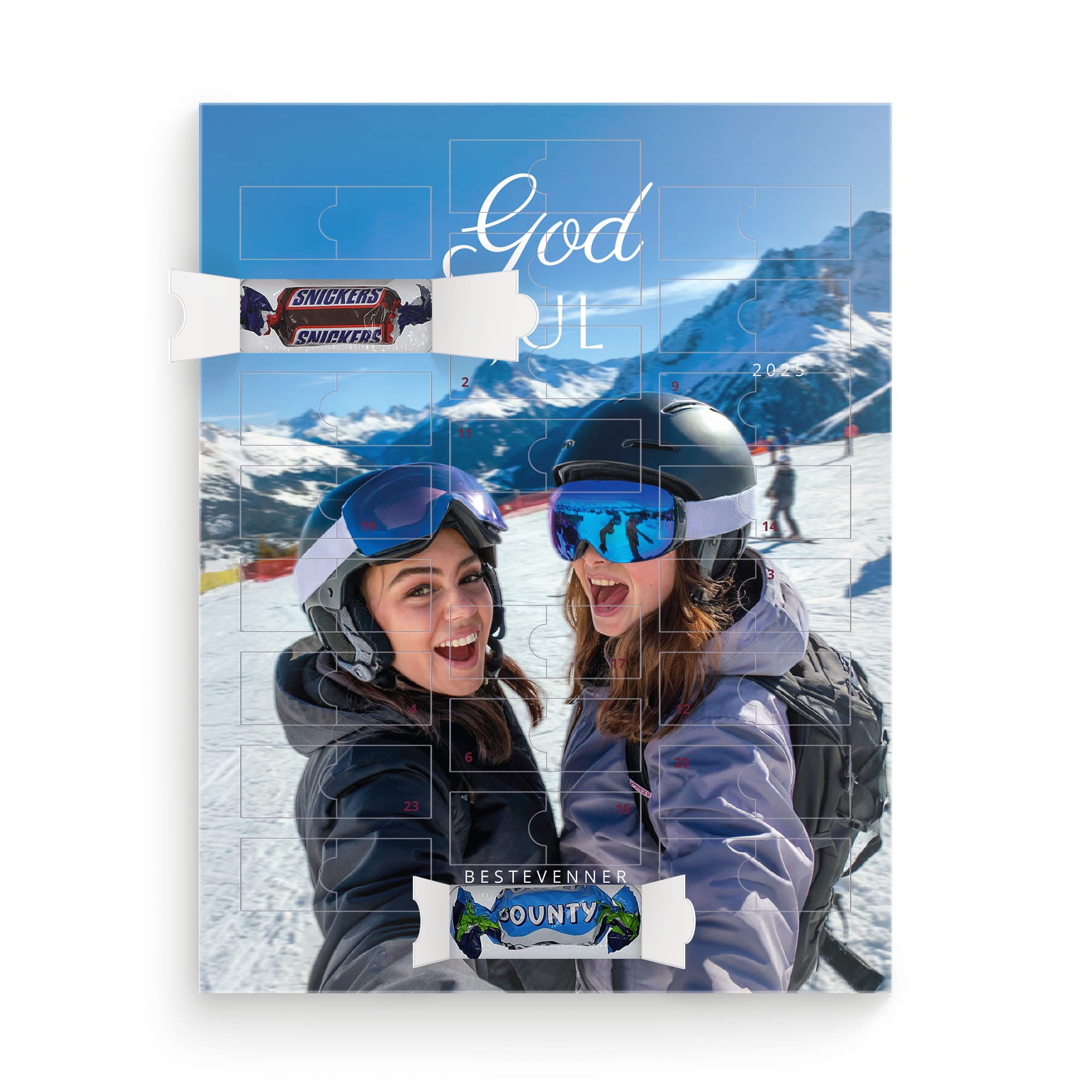 Personlig Mars-miniatyr-adventskalender med eget bilde, teksten God Jul og Beste Venner.