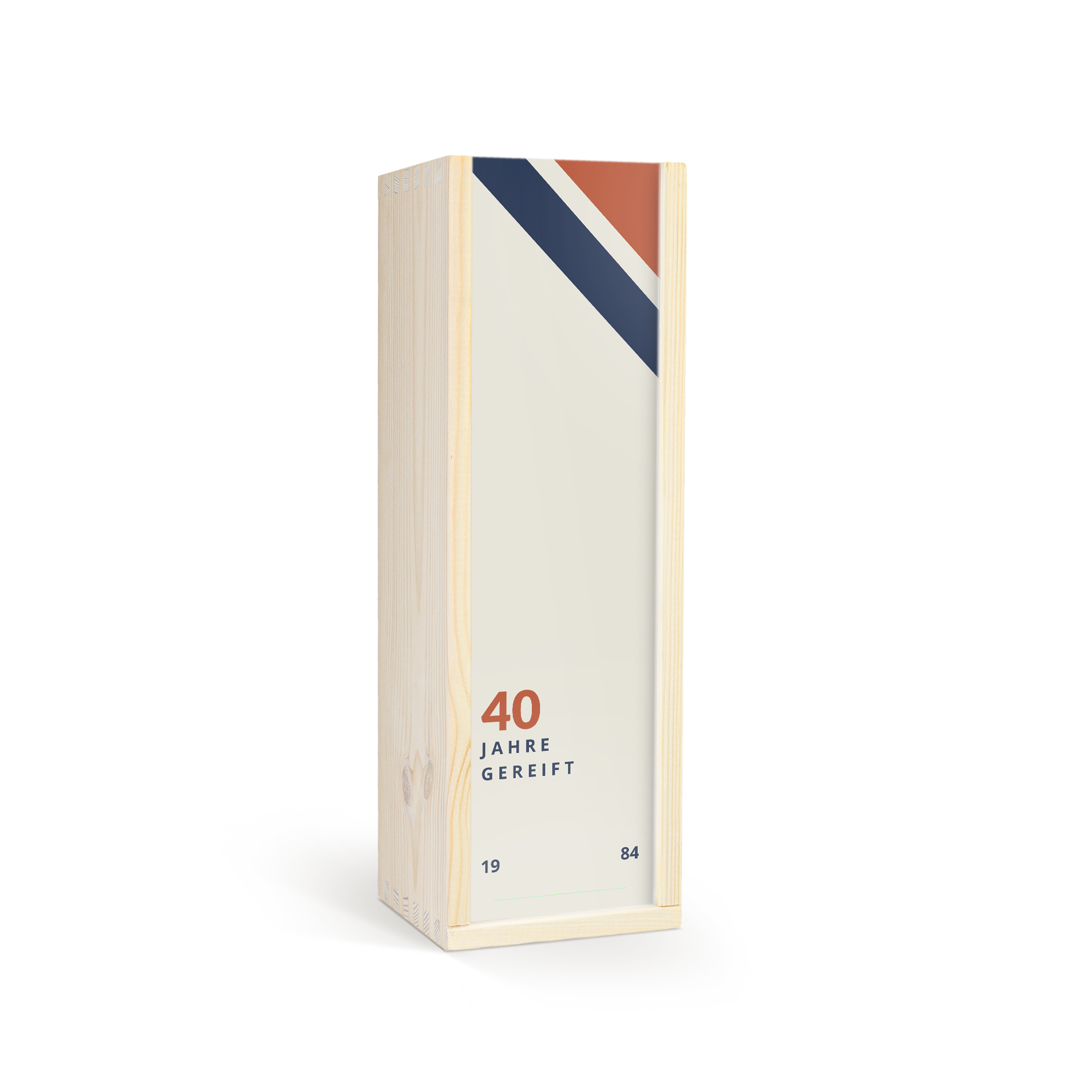 Personalisierte Holzkiste für eine Flasche Jameson, bedruckt mit "40 Jahre Gereift" und Jahreszahlen