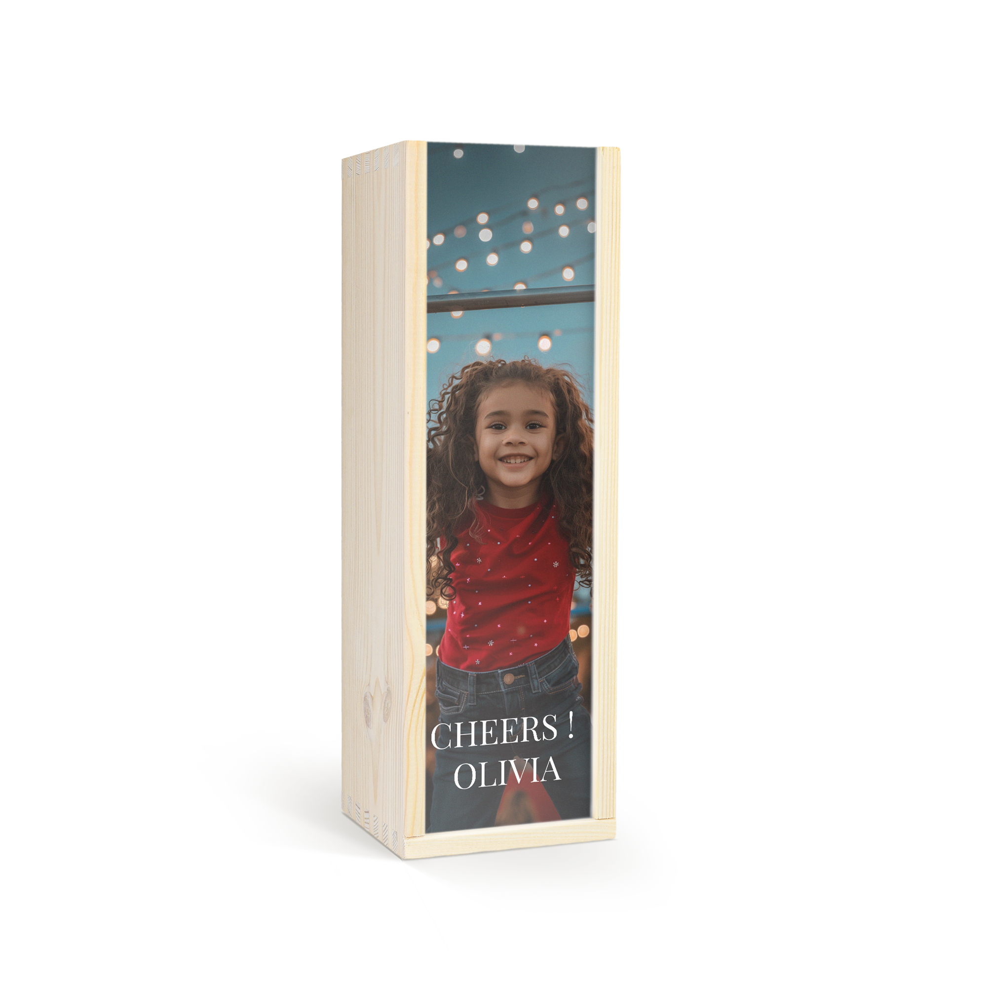Personalised non-alcoholic children's champagne in a wooden case printed with a photo of a girl and "CHEERS! OLIVIA"