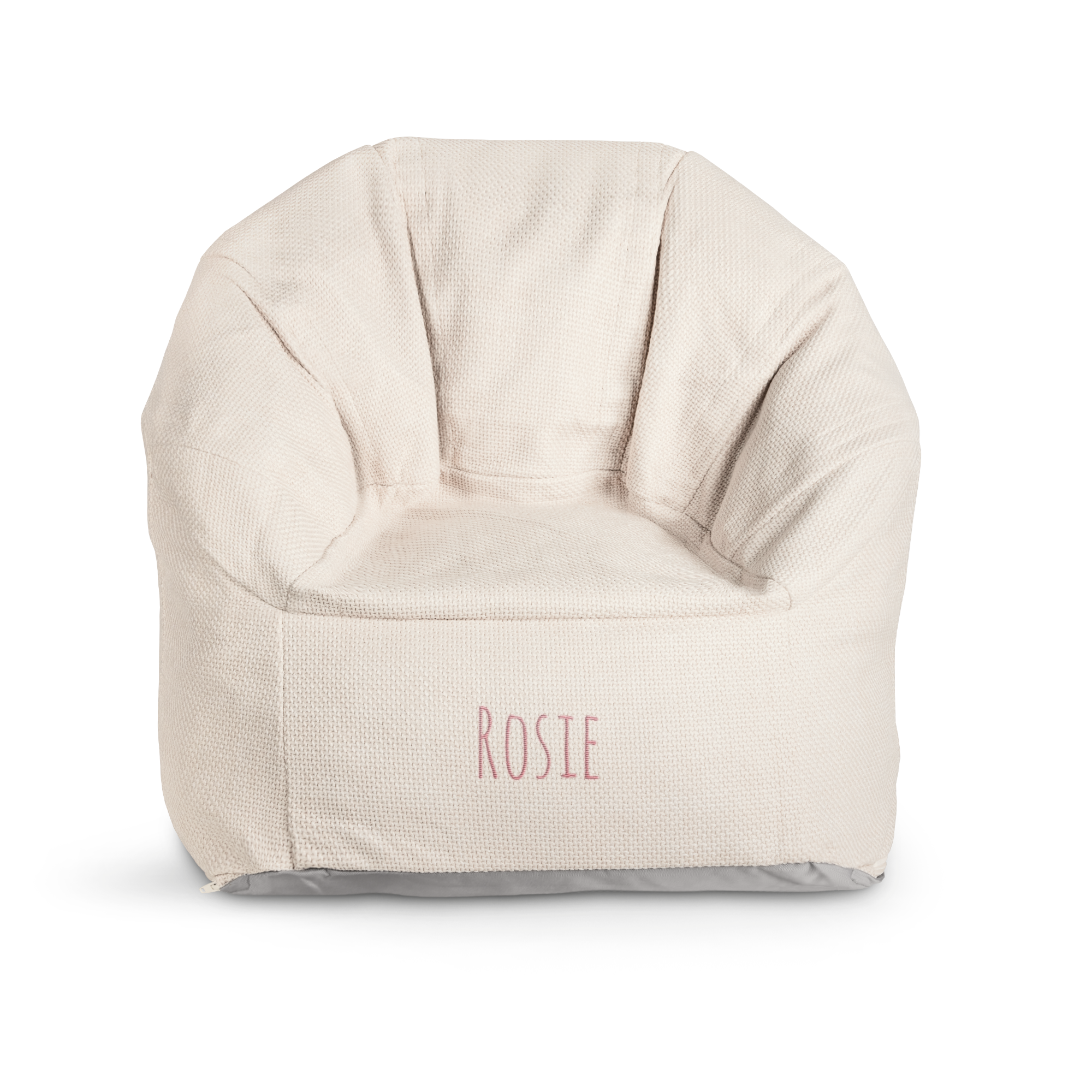 Trendy beige barnestol med Rosie broderet i lyserødt, en personlig gave til et barn.