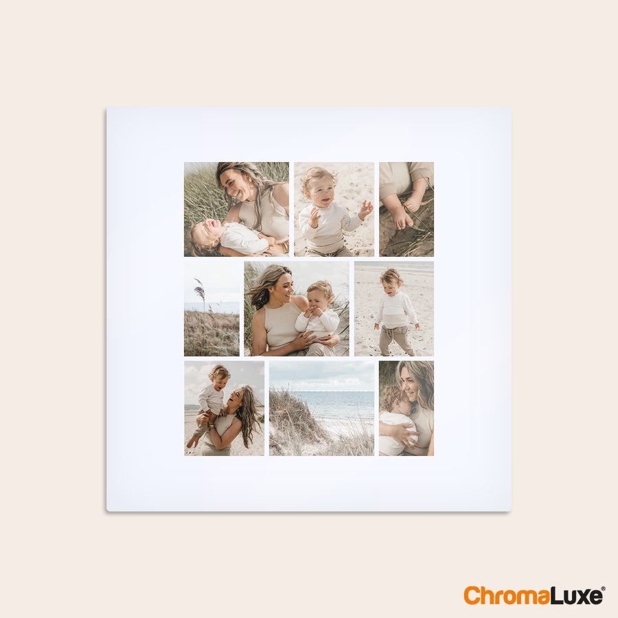 Foto collage op aluminium Instacollage van aluminium met jouw Instafoto's geprint, collage van 9 foto's met moeder en kind op strand