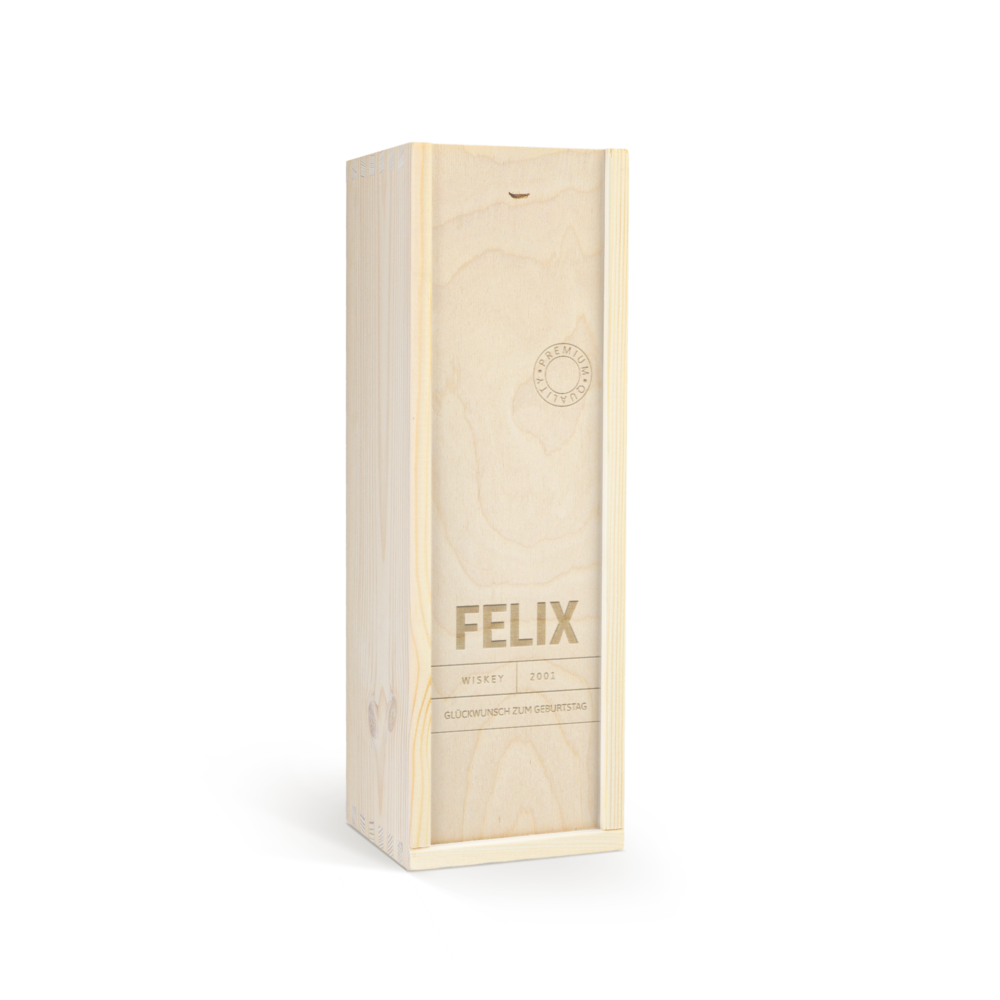 Holzkiste mit Glen Talloch Whisky, graviert mit dem Namen FELIX, Jahr 2001 und Glückwünsch zum Geburtstag
