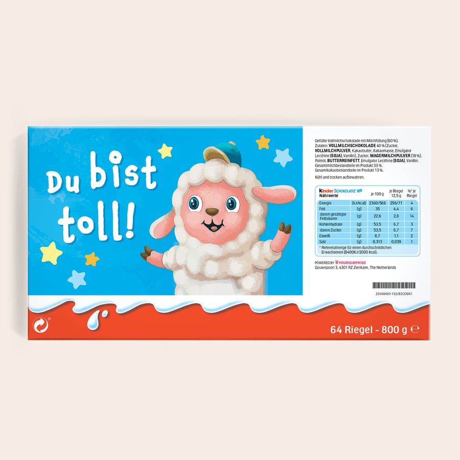 Mega kinder Schokolade mit Foto und Namen Personalisierte Mega kinder Schokolade mit Foto und Namen - 800 Gramm, bedruckt mit einem lächelnden Schaf und "Du bist toll!".