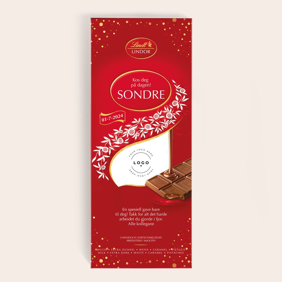 XL Lindor Sjokoladebar XL Lindor sjokoladegave med trykt navn Sondre, dato 01-07-2024 og personlig hilsen.