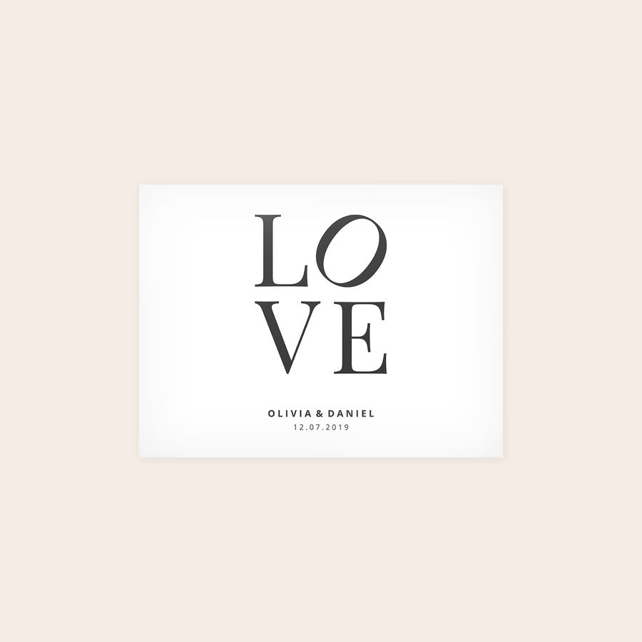 Póster Póster fotográfico impreso con la palabra LOVE, nombres Olivia & Daniel, y la fecha 12.07.2019