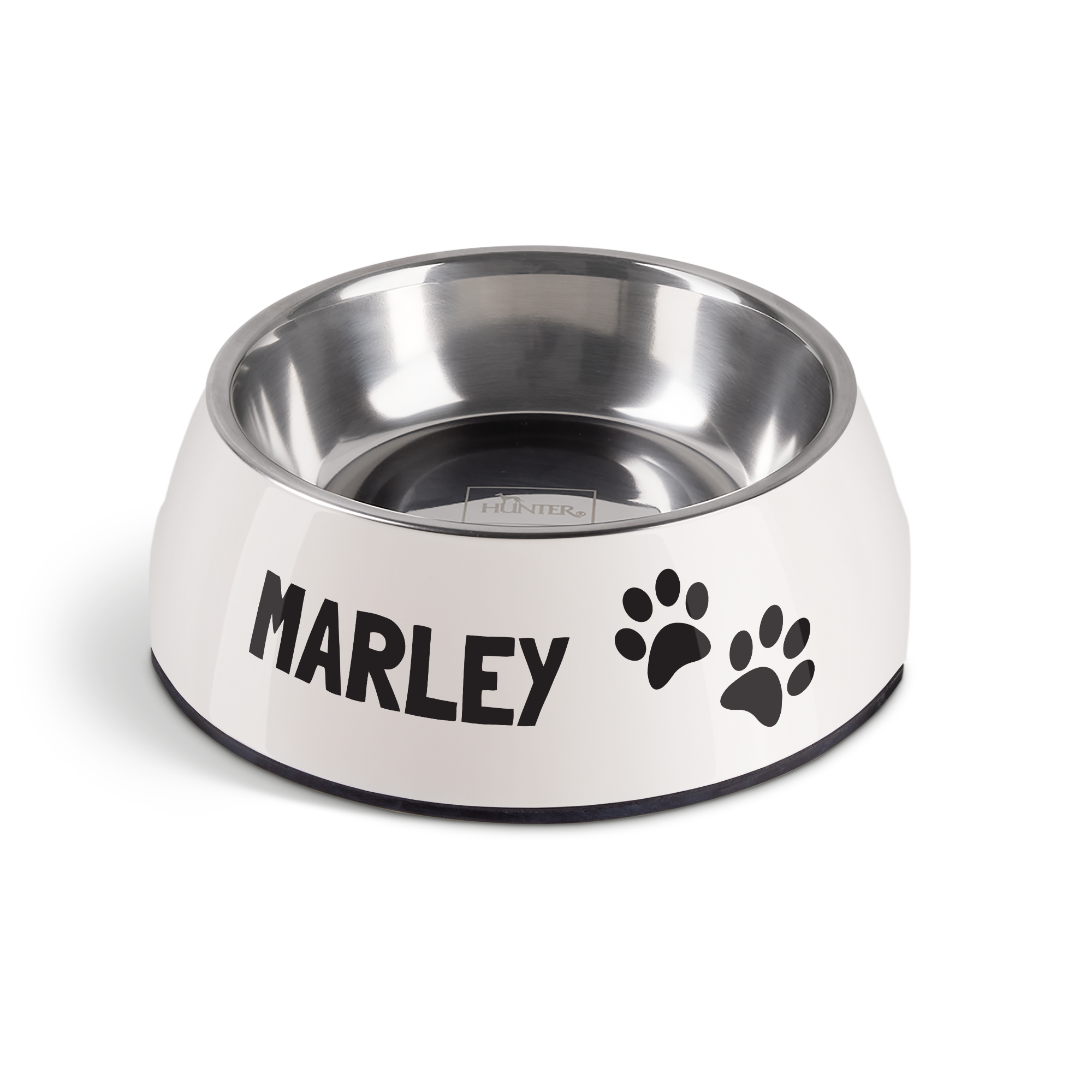 Tigela de alimentação pessoal para cães, branca e preta, personalizada com o nome Marley e patas estampadas.