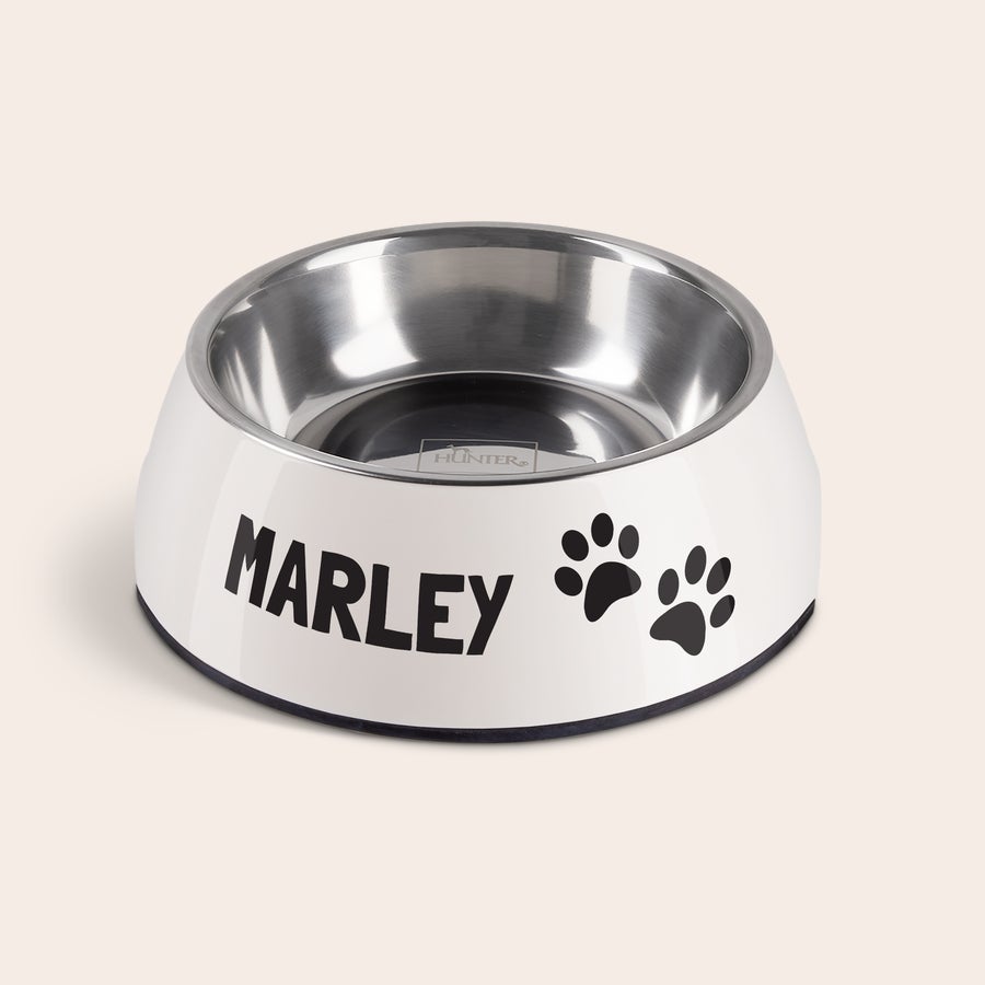 Ciotola per cane Ciotola personalizzata bianca per cane con scodella in acciaio rimovibile, nome Marley stampato e impronte di zampe, per non lasciare più una briciola di cibo