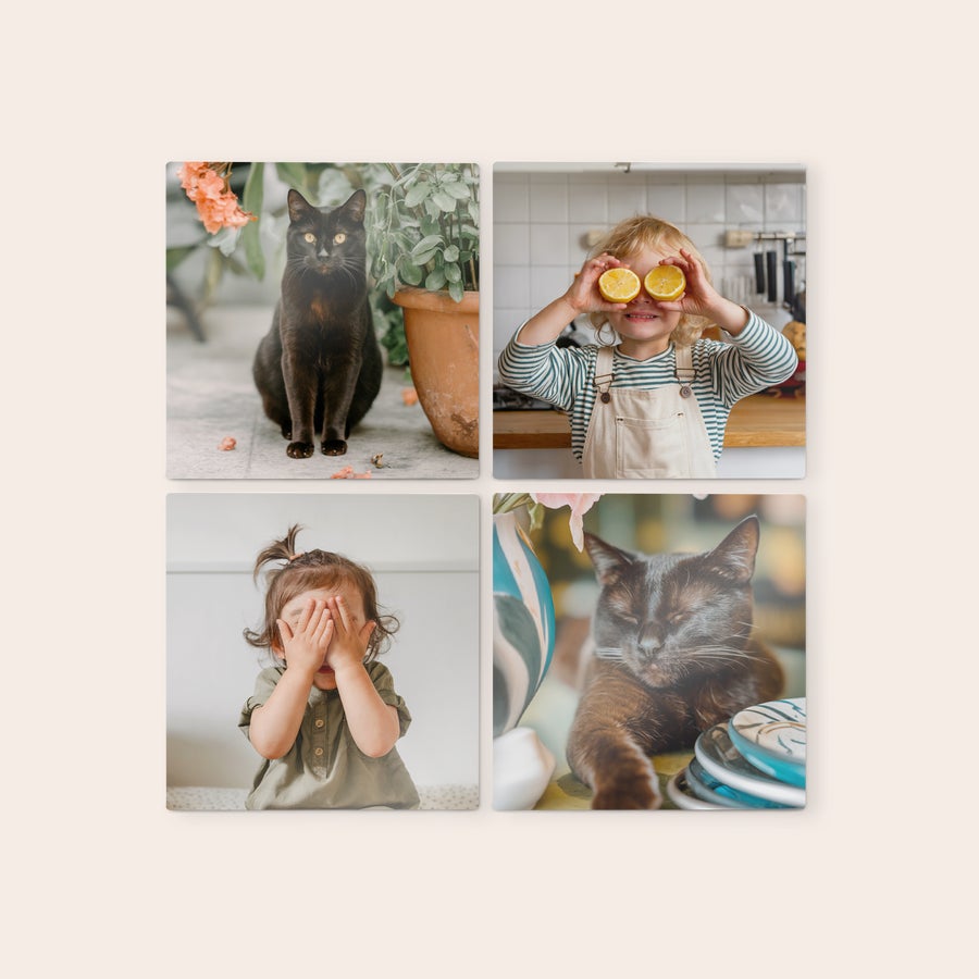 Azulejos personalizados Paneles de arte de madera con cuatro fotos impresas: un gato, un niño con limones, una niña tapándose la cara y otro gato. Decora tu pared con paneles de arte de madera que presentan tu diseño.
