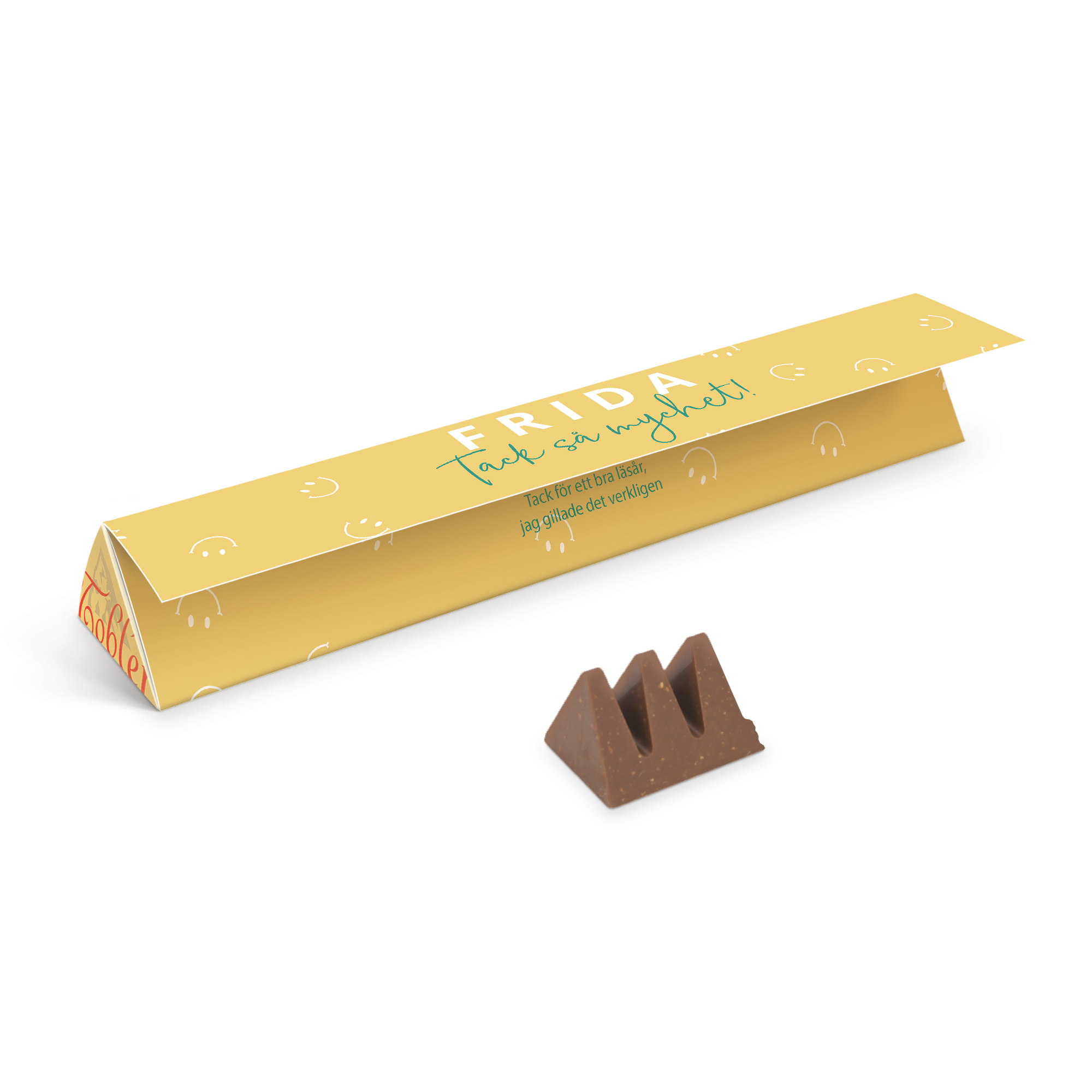 En personaliserad Toblerone är betydligt godare. Tryckt presentask i gult med personligt meddelande till Frida.