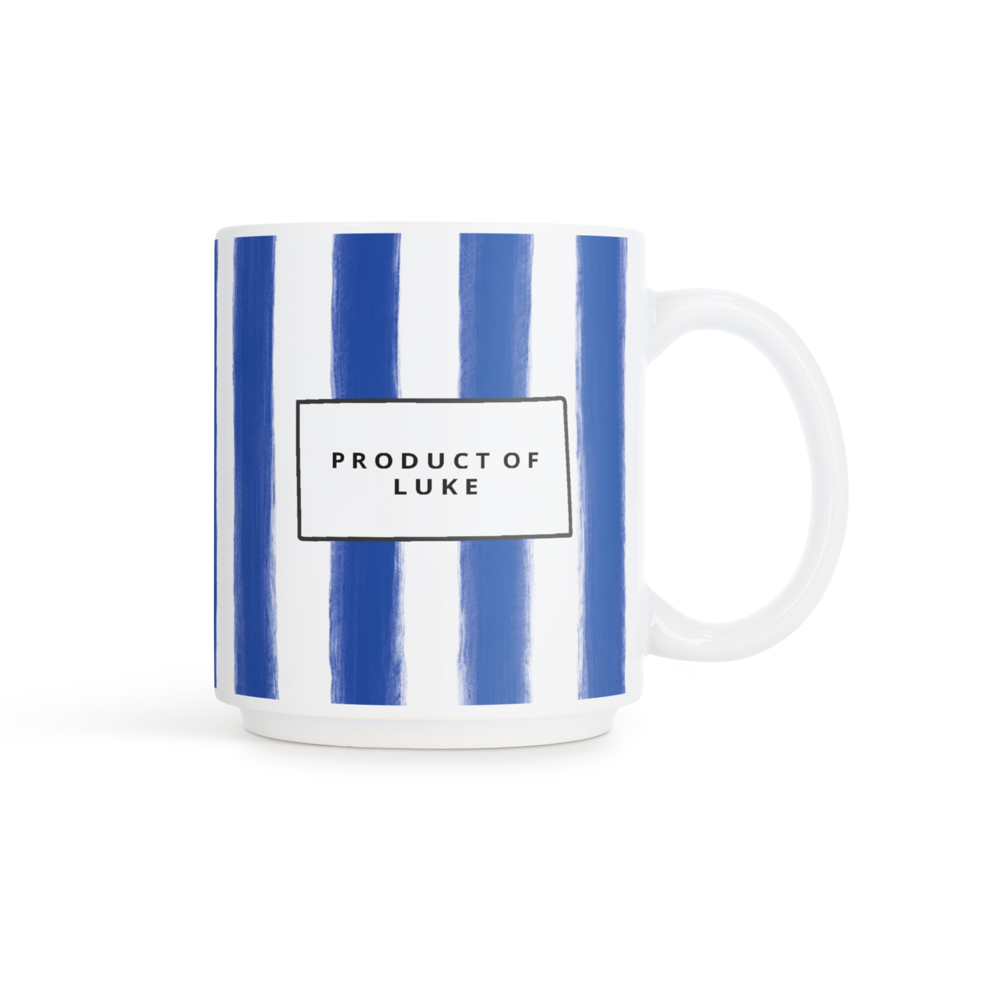 Gepersonaliseerde stapelbare fotomok met blauwe strepen en de tekst "PRODUCT OF LUKE", bedrukt met eigen foto.