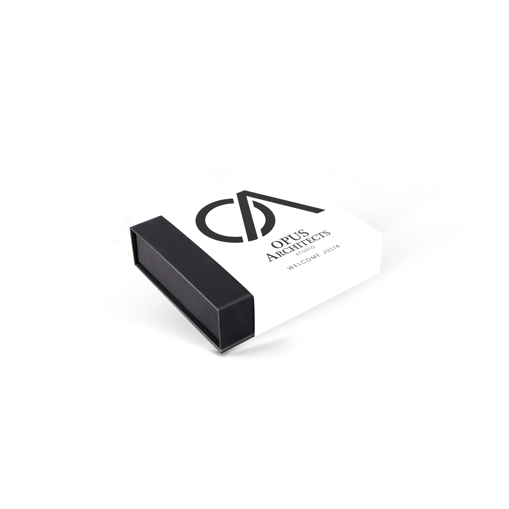 Personalized Deluxe Chocolates with black and white sleeve printed with a business logo and Welcome Julia text