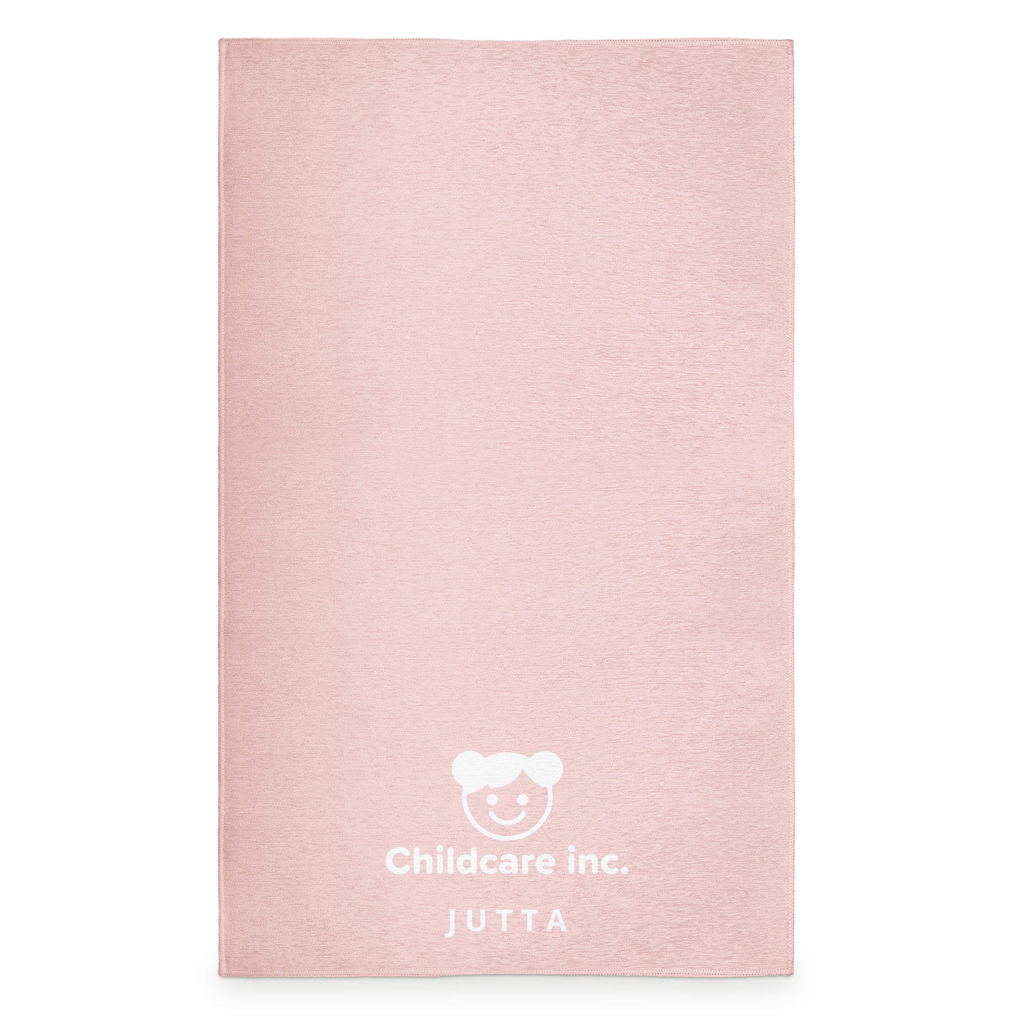 Personalisierter Teppich in Rosa mit aufgedrucktem "Childcare inc." Logo, Namen Jutta und fröhlichem Kindergesicht für ein gemütliches Highlight für Boden