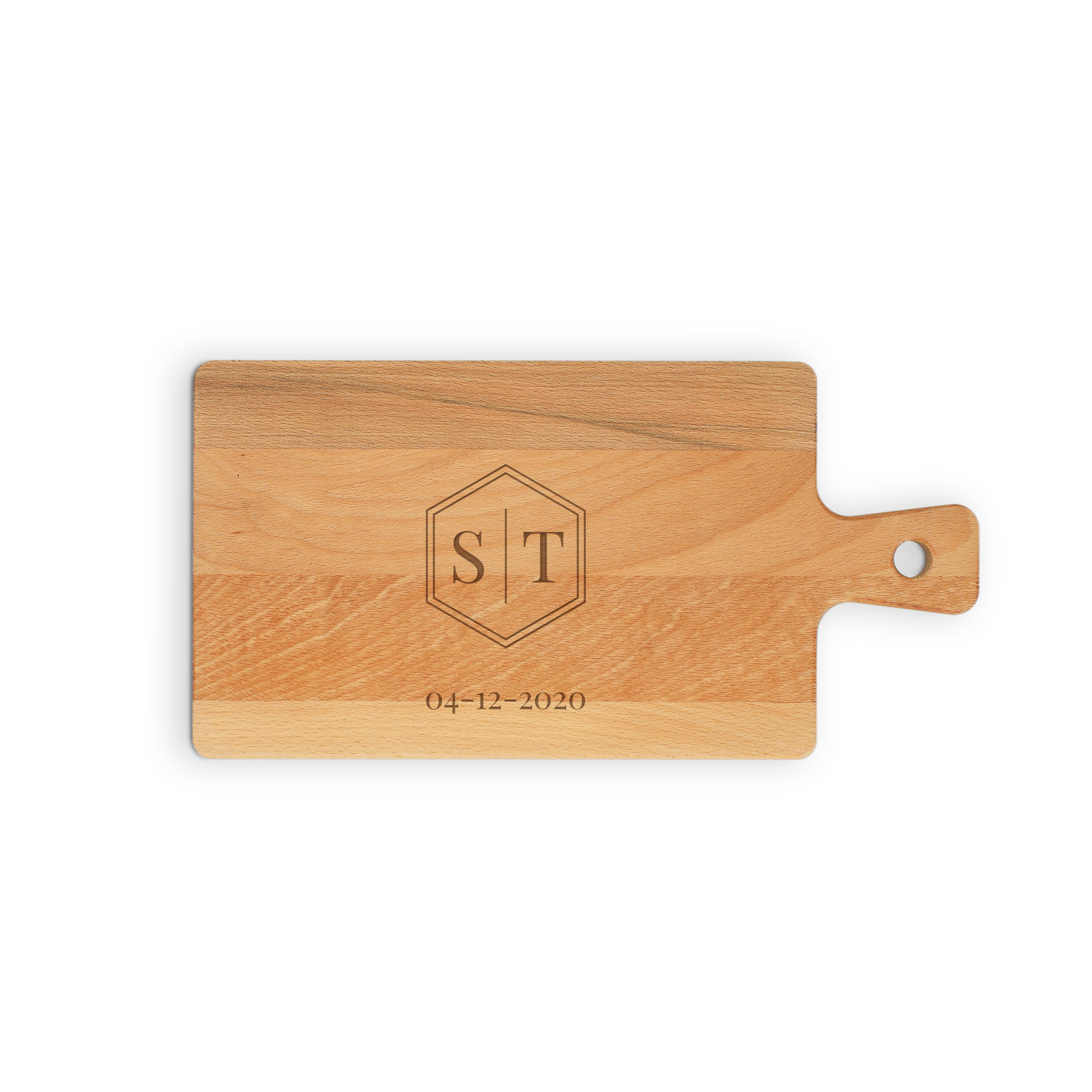 Personalisiertes Servierbrett aus Holz, graviert mit den Initialen ST und dem Datum 04-12-2020
