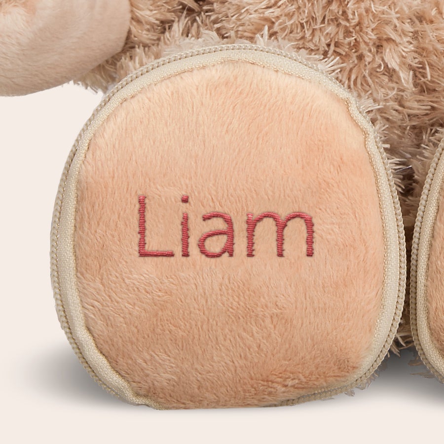 Kärleksbjörn med namn Kärleksbjörn med broderat namn Liam i rosa tråd på den ljusrosa tassen.