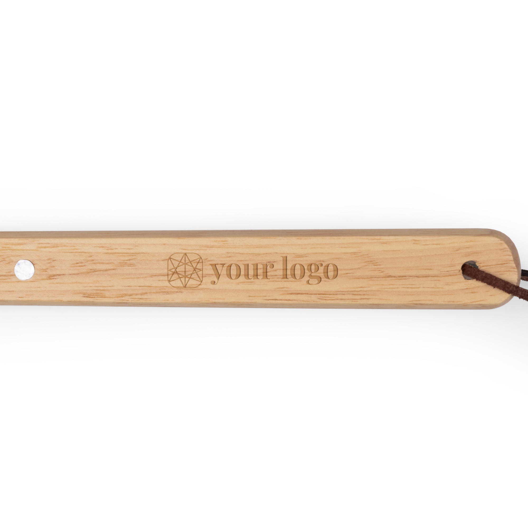 Wooden BBQ spatula engraved with a custom logo and text, featuring a bottle opener and hanging loop for BBQ enthusiasts.
