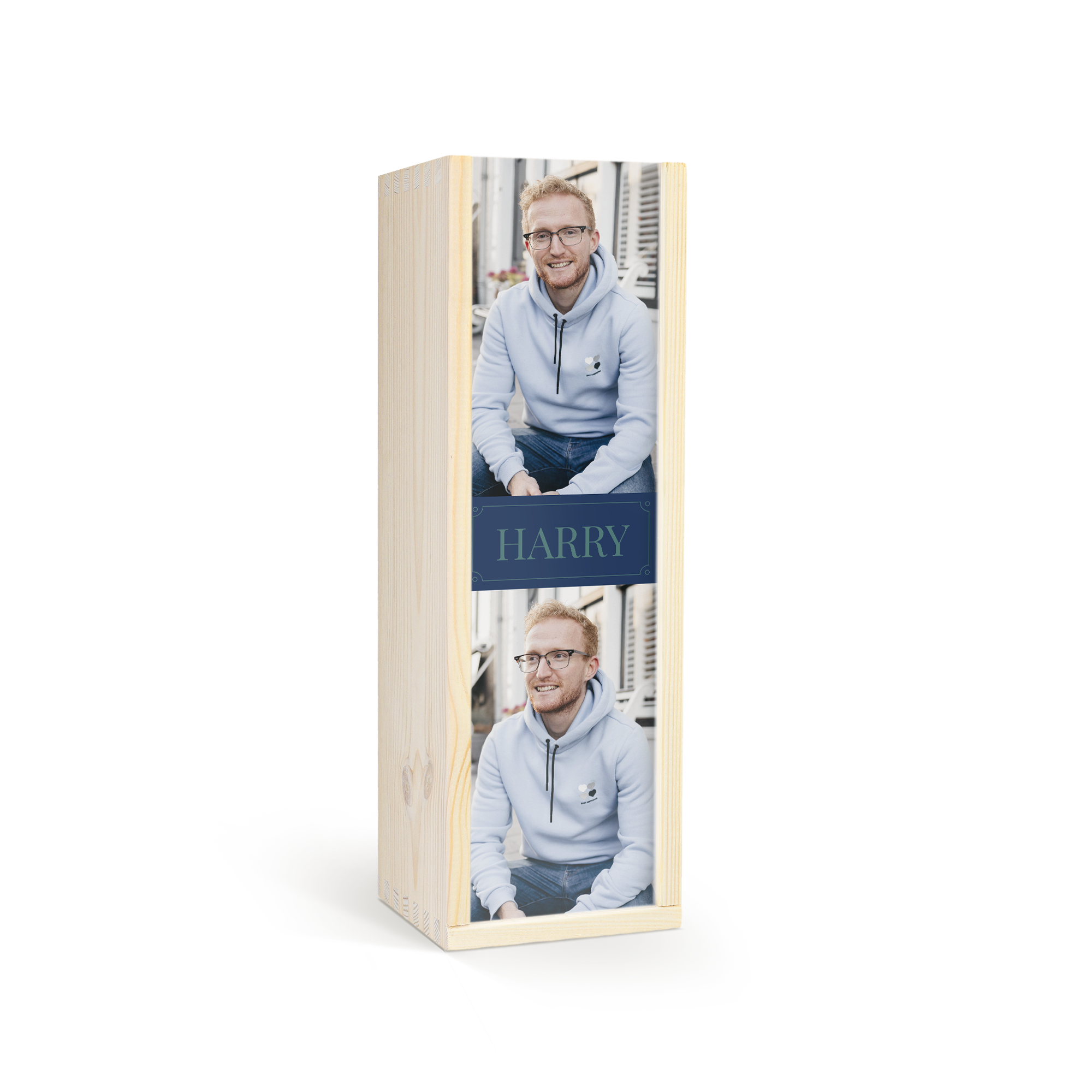 Famous Grouse whiskey in a wooden box with custom lid printed with Harry and a personalized photo