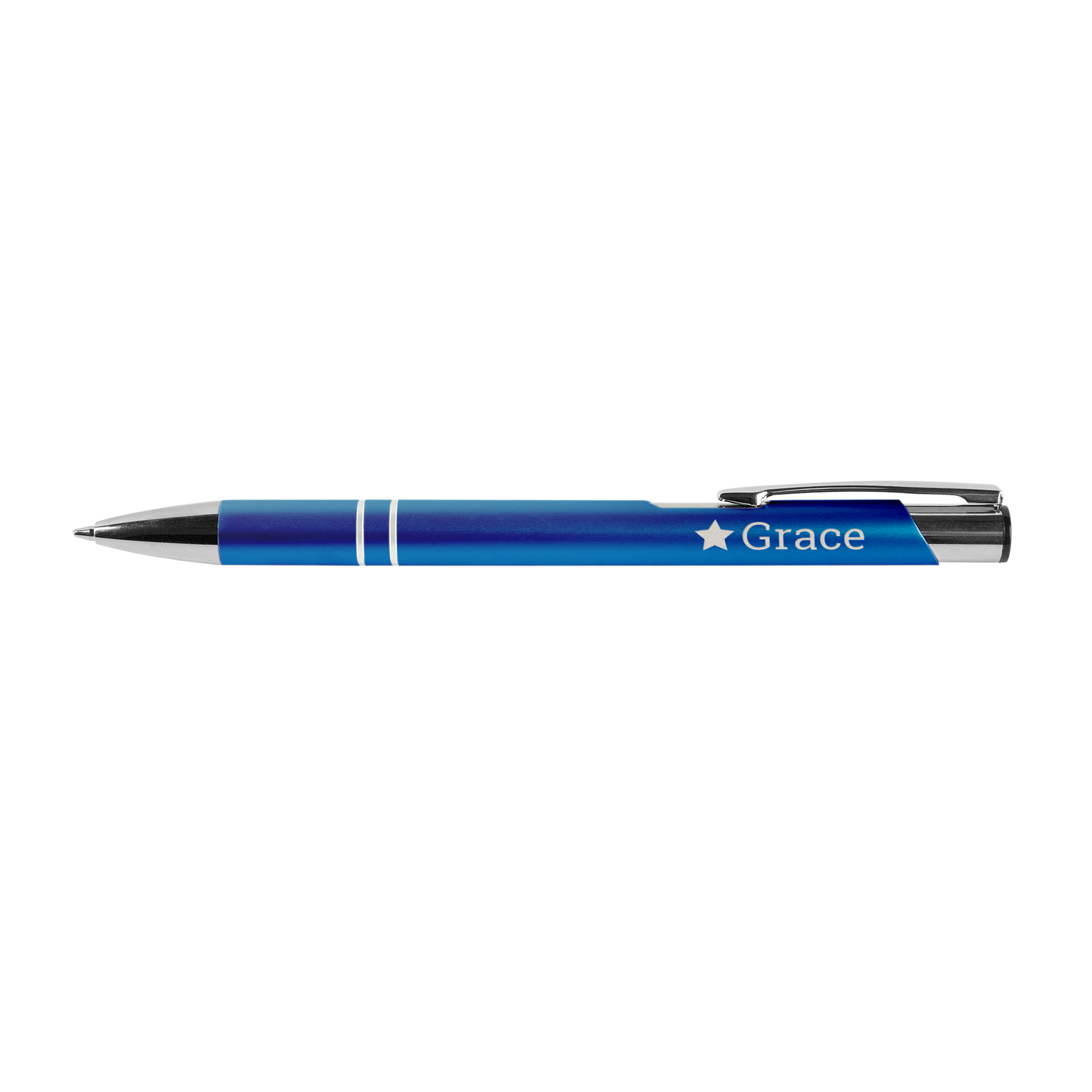 Custom viva pen engraved with the name Grace and a star symbol in blue.