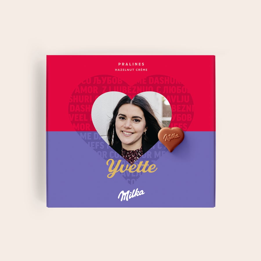 Milka personnalisé - Amour Coffret Milka personnalisé, imprimé avec photo et le prénom Yvette. Exprimez votre amour avec un coffret Milka personnalisé.