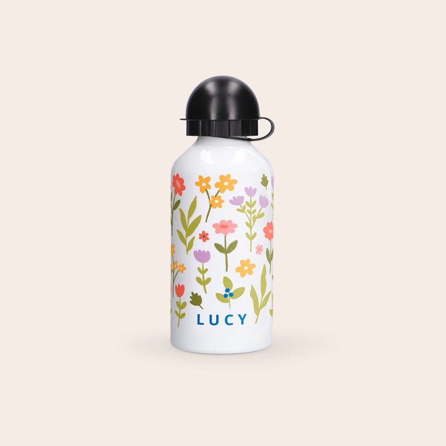 Water bottle White aluminum water bottle personalised with a floral design and the name Lucy printed on it