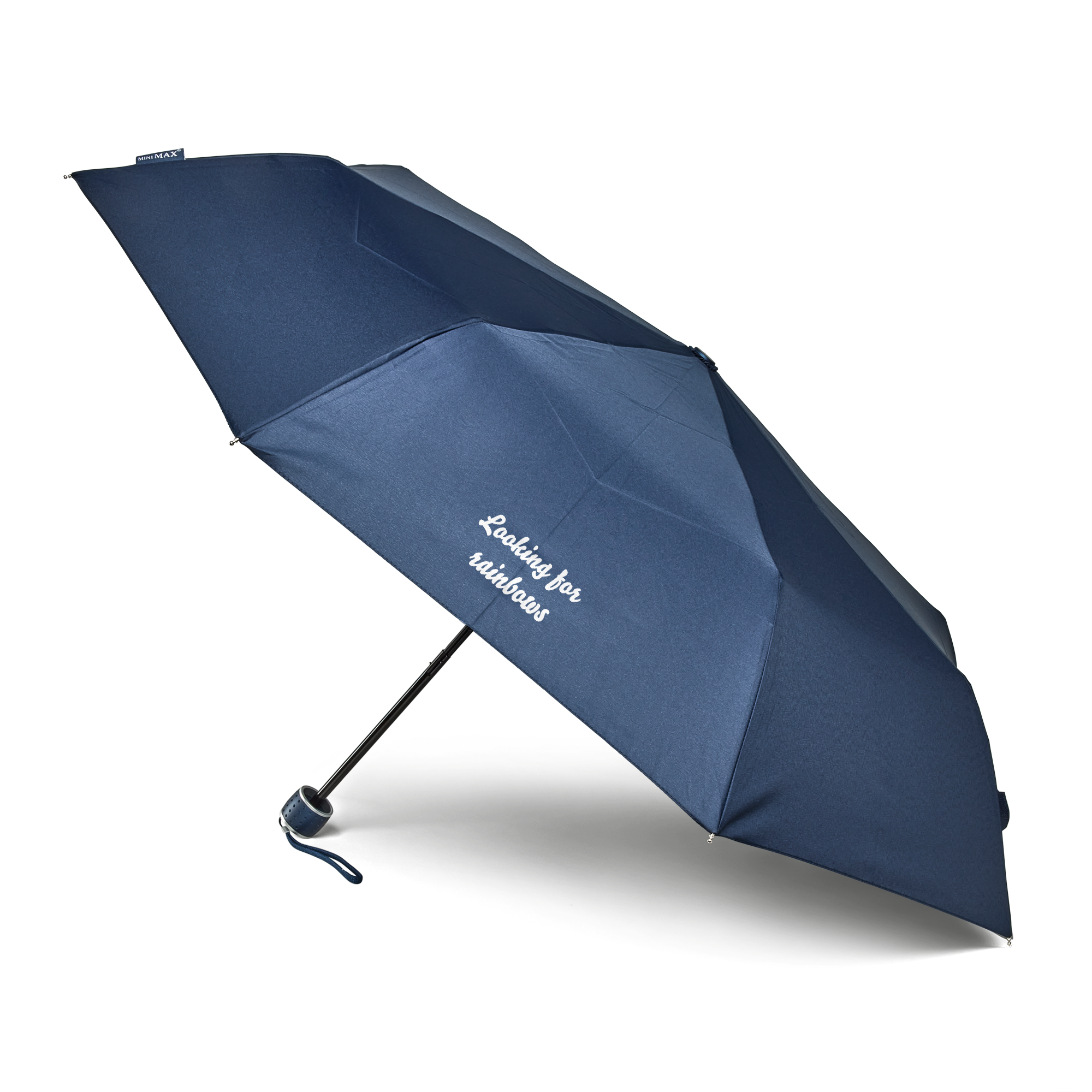 Guarda-chuva dobrável azul-marinho com texto "Looking for rainbows" estampado para inverno