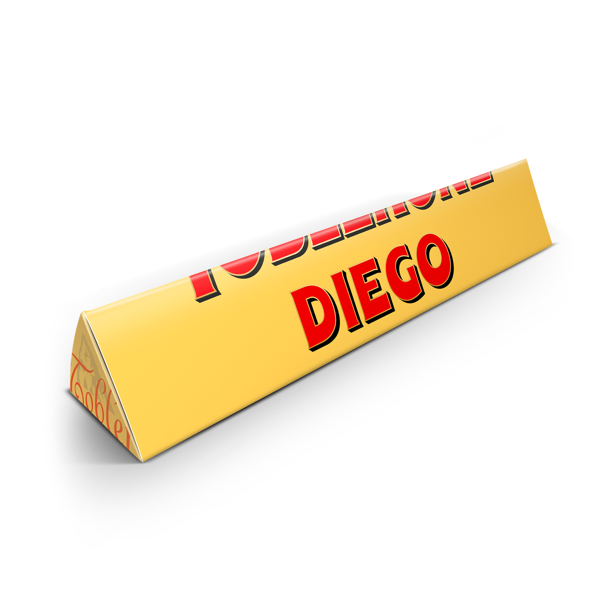 Barretta di cioccolato Toblerone personalizzata con la scritta DIEGO stampata sul classico incarto giallo