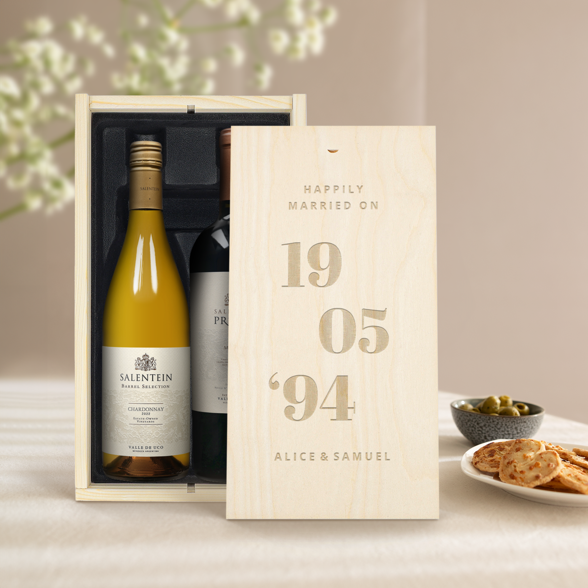 A Salentein wine set in an engraved wine case with Happily Married On 19 05 94 Alice & Samuel