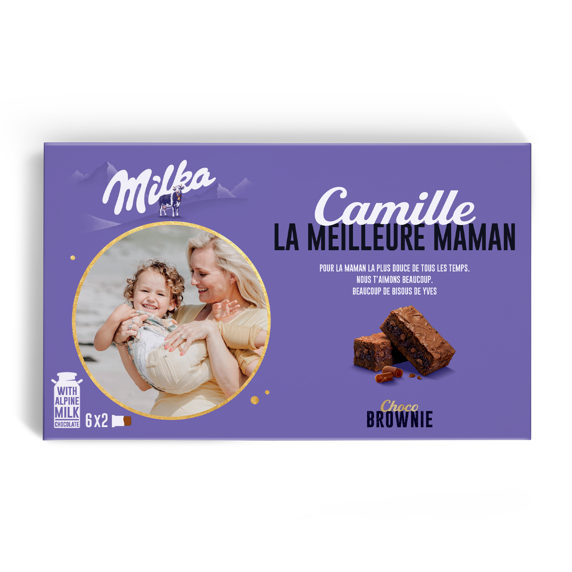 Coffret cadeau Milka Choco Brownie personnalisé avec une photo de maman et bébé, un prénom et un message imprimés.
