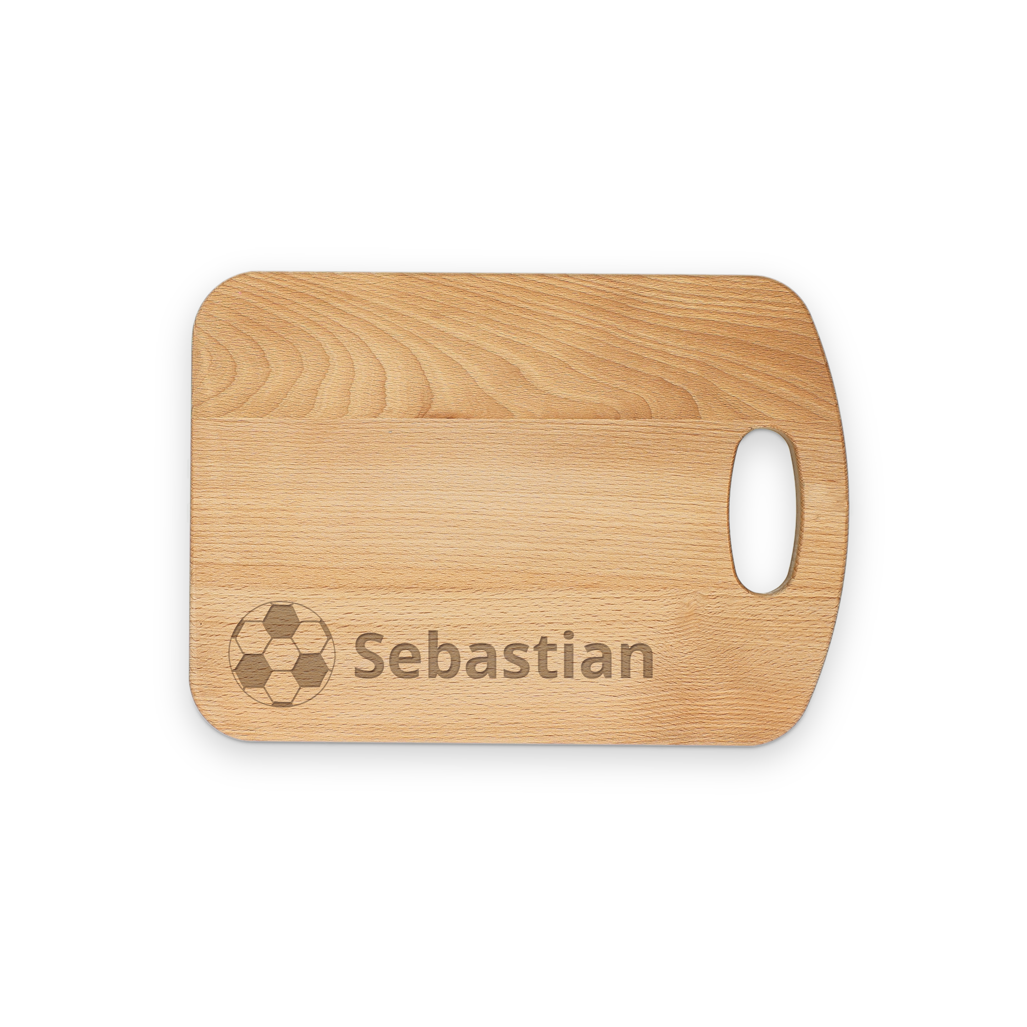 En inristad träbrödskiva med namnet Sebastian och en fotboll.
