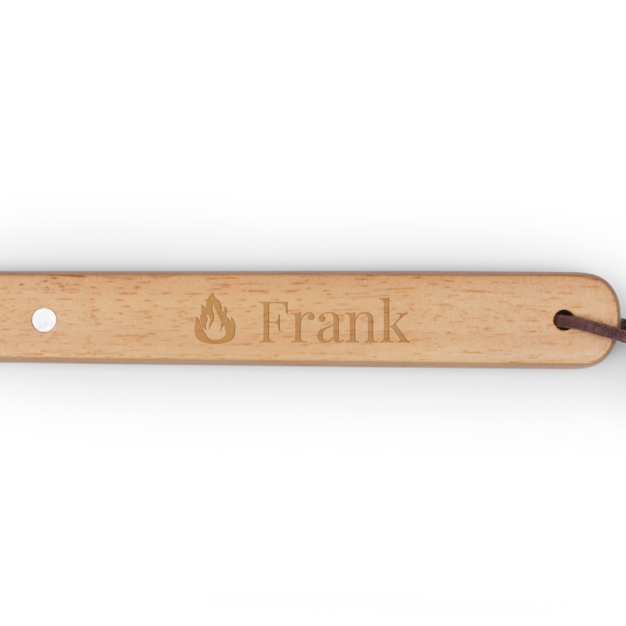Houten barbecuevork met naam Frank en een vlammetje, gegraveerd in het hout