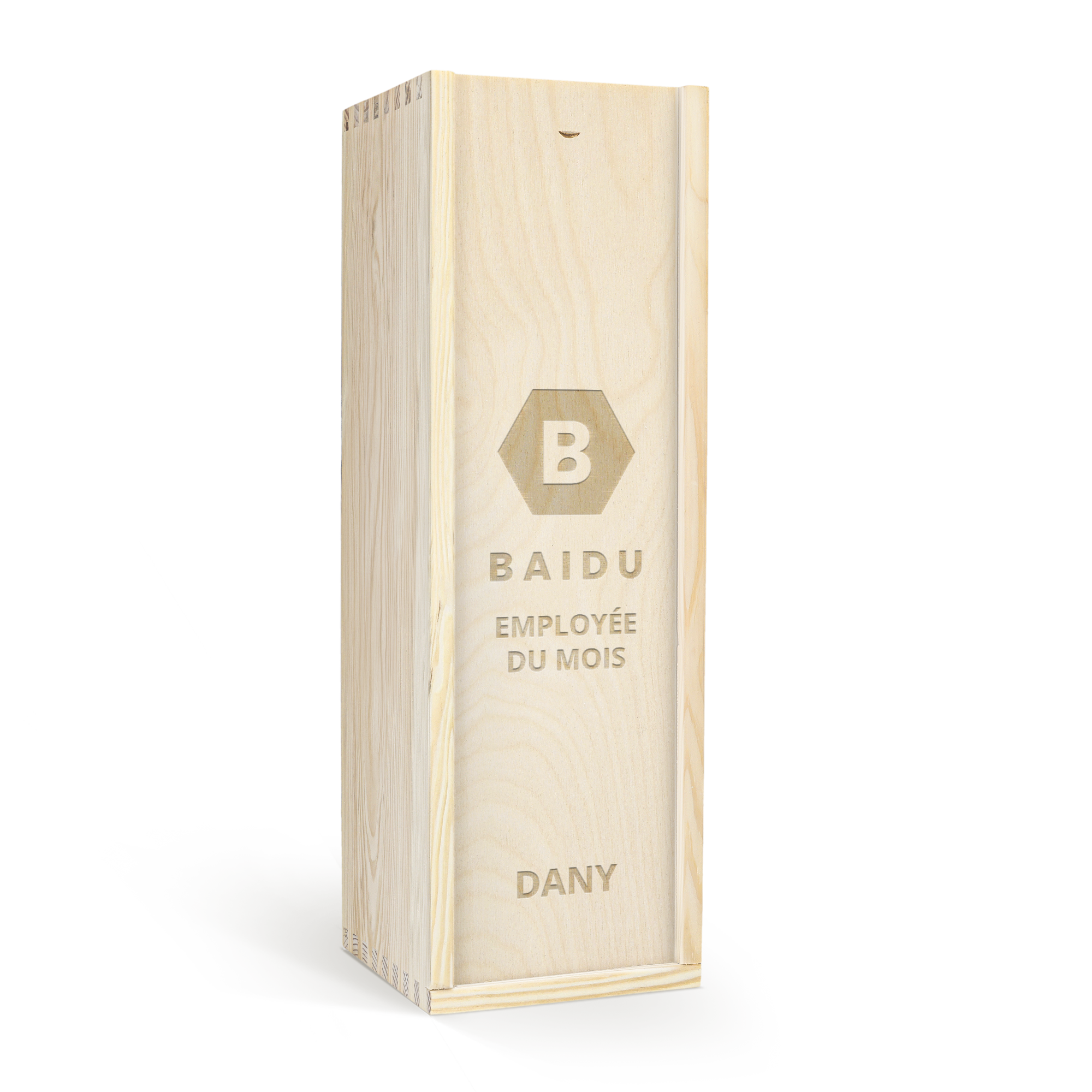 Coffret en bois gravé avec Moët & Chandon, personnalisable avec le texte BAIDU EMPLOYÉE DU MOIS DANY