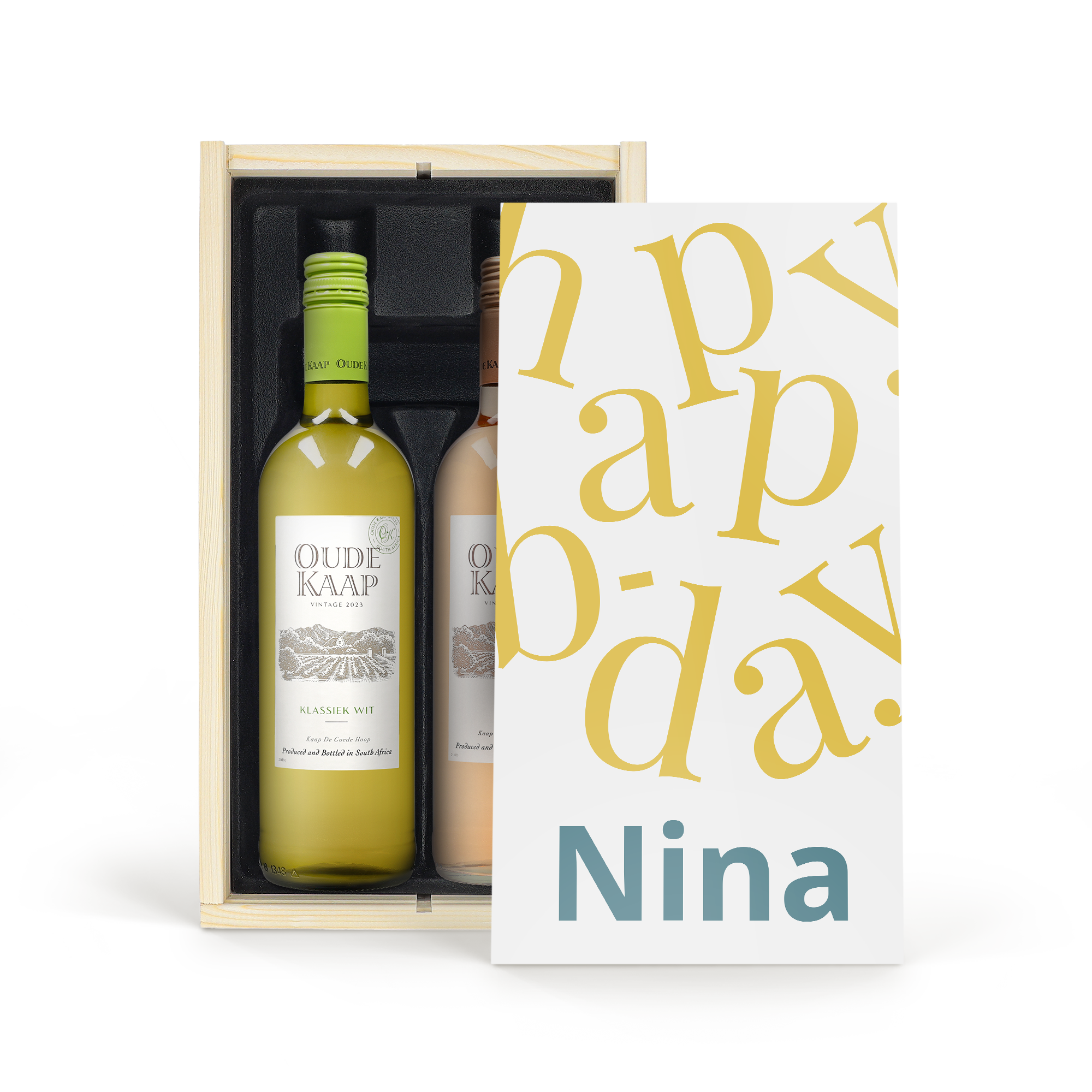 Coffret cadeau personnalisé avec deux bouteilles de vin Oude Kaap rosé et blanc imprimé "Happy Birthday Nina"