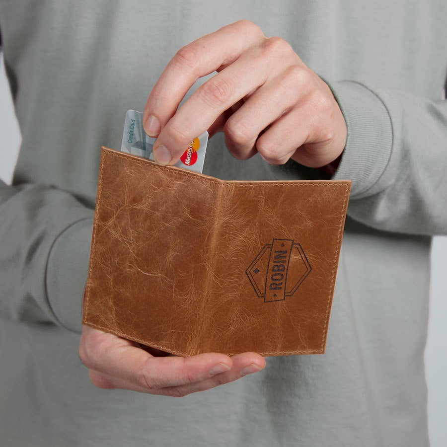 Leren pasjeshouder deluxe graveren - Bruin