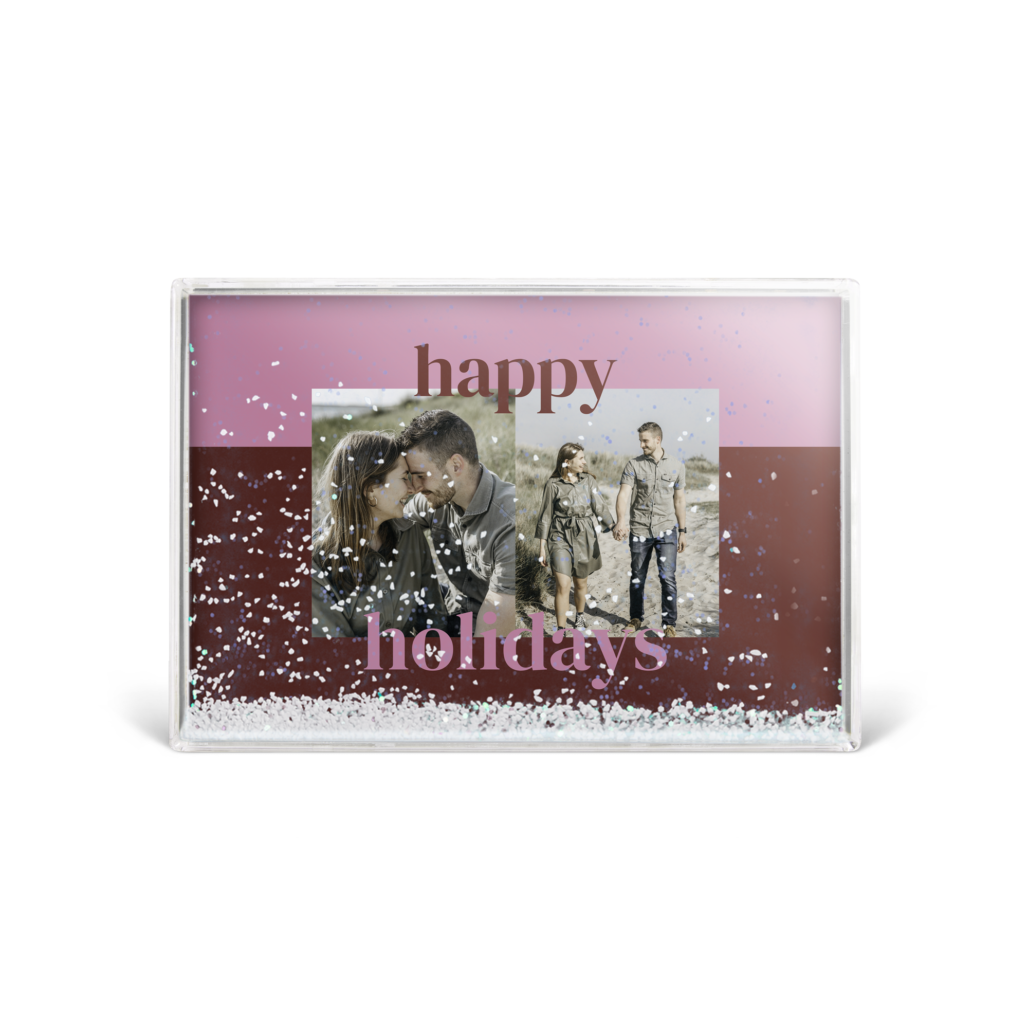 Bloco de neve de foto pessoal com flocos de neve e brilhos, impresso com "happy holidays" e fotos de um casal