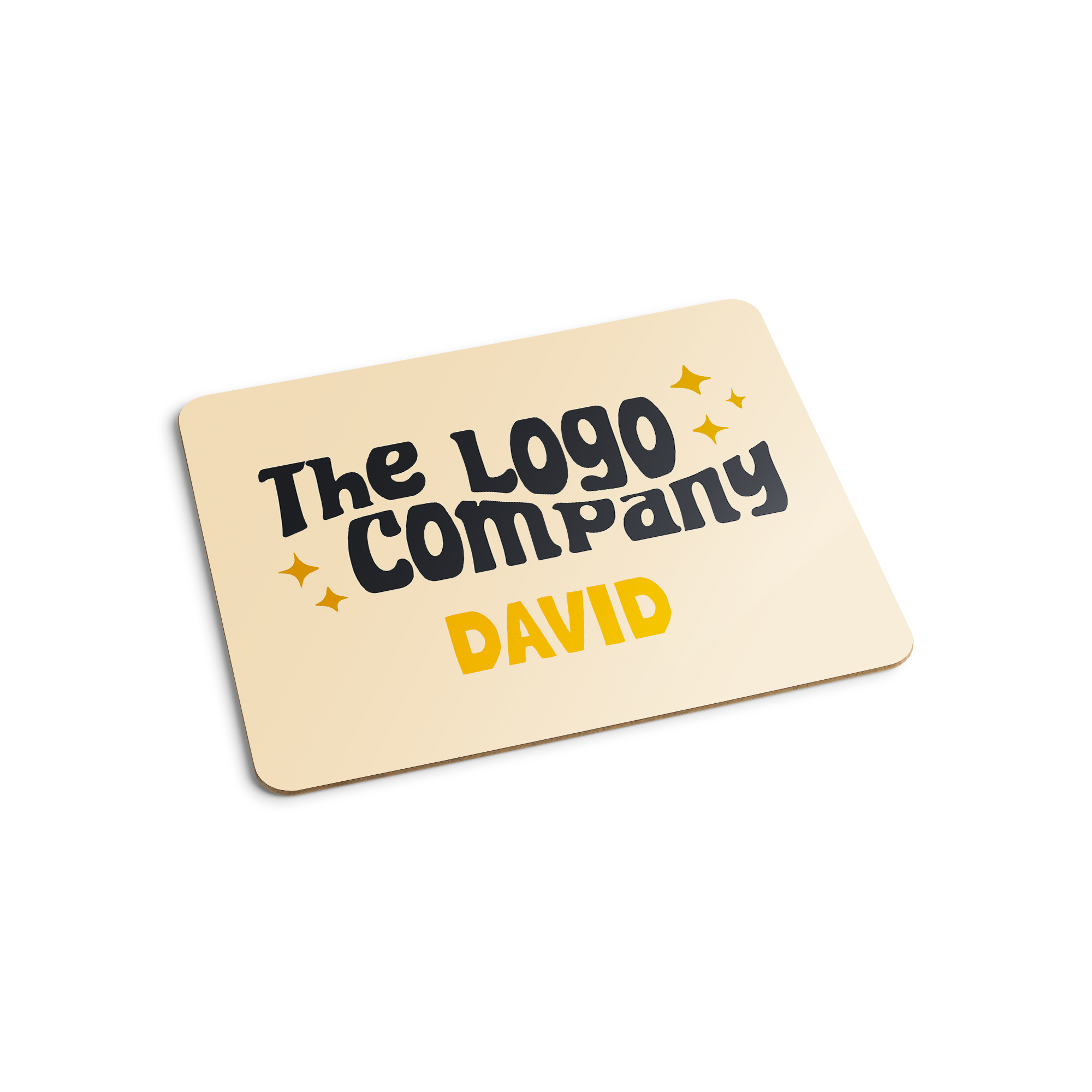 Personalized place mat printed with "The Logo Company David" and yellow star design