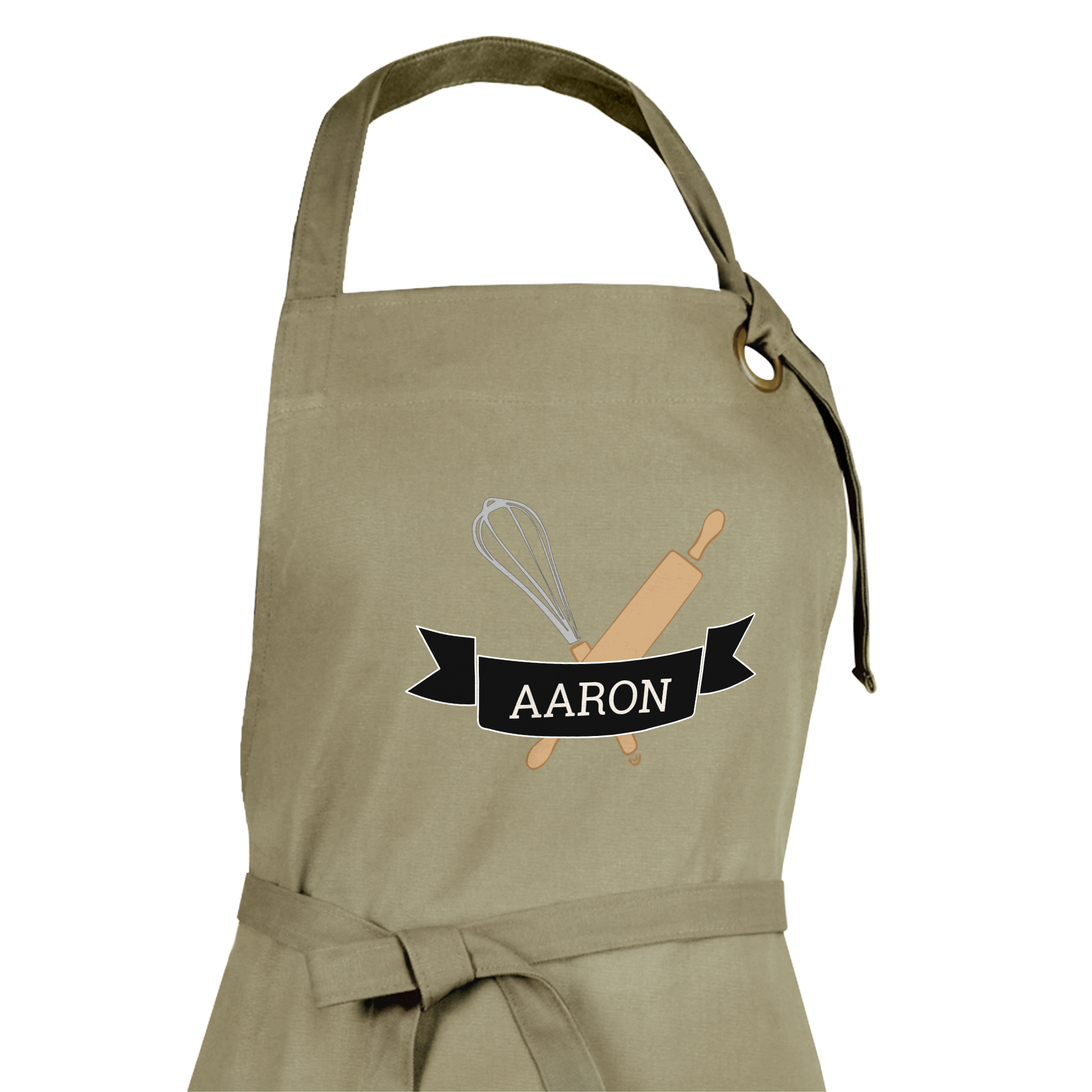 Béžová zástera s potlačou šľahača a valčeka, s menom Aaron na stuhe, Pripravte lahodné jedlá s personalizovanou zásterou s vaším dizajnom.