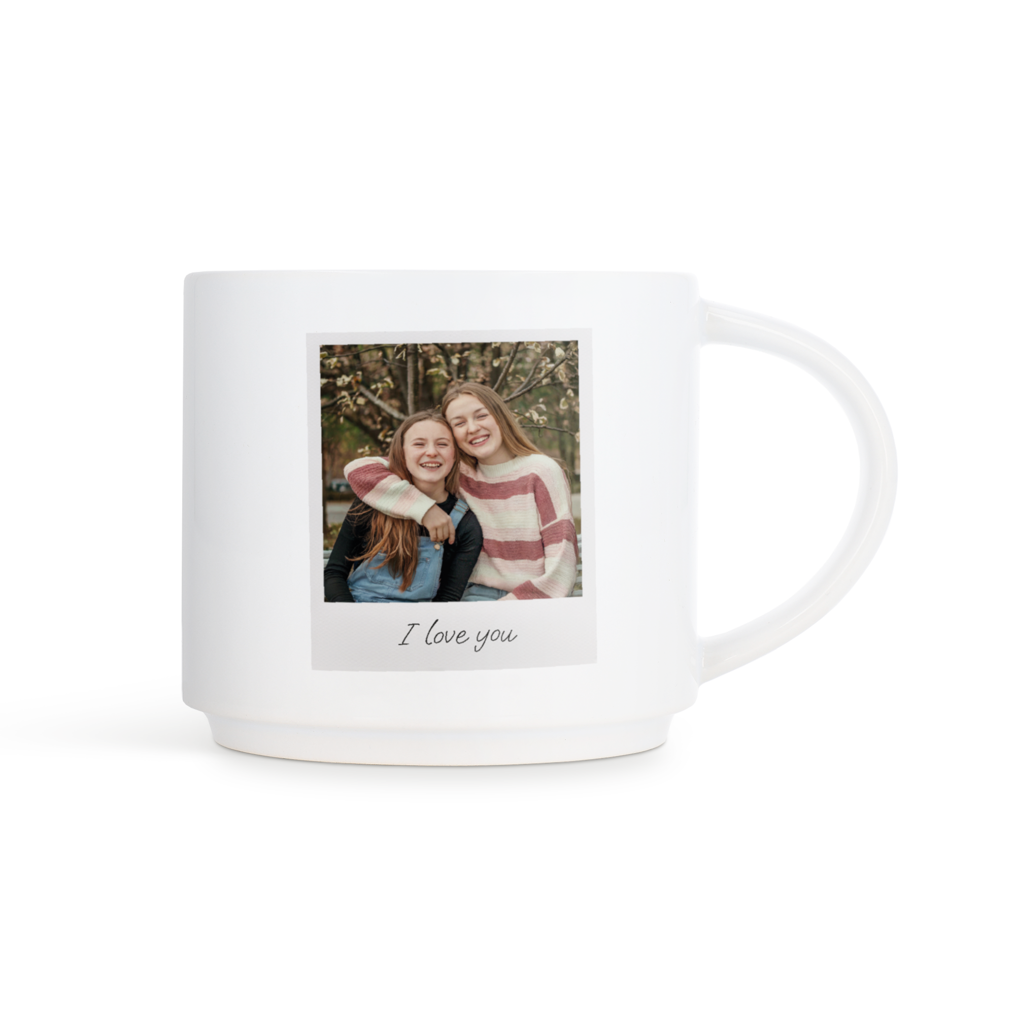 Taza apilable con foto de dos chicas sonrientes, con texto impreso I love you.
