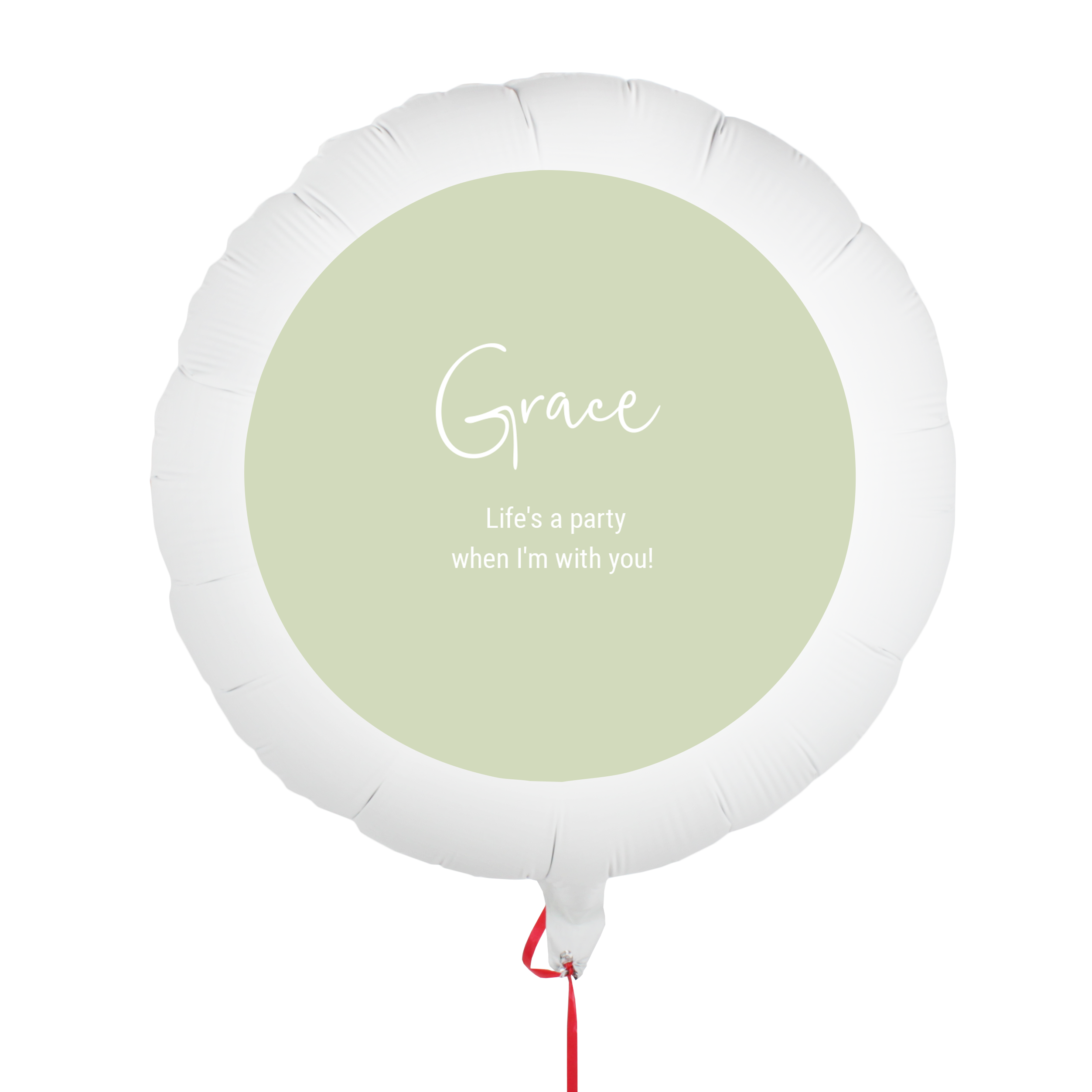 Ballon photo blanc personnalisé avec un nom Grace et un message imprimés sur un fond vert clair