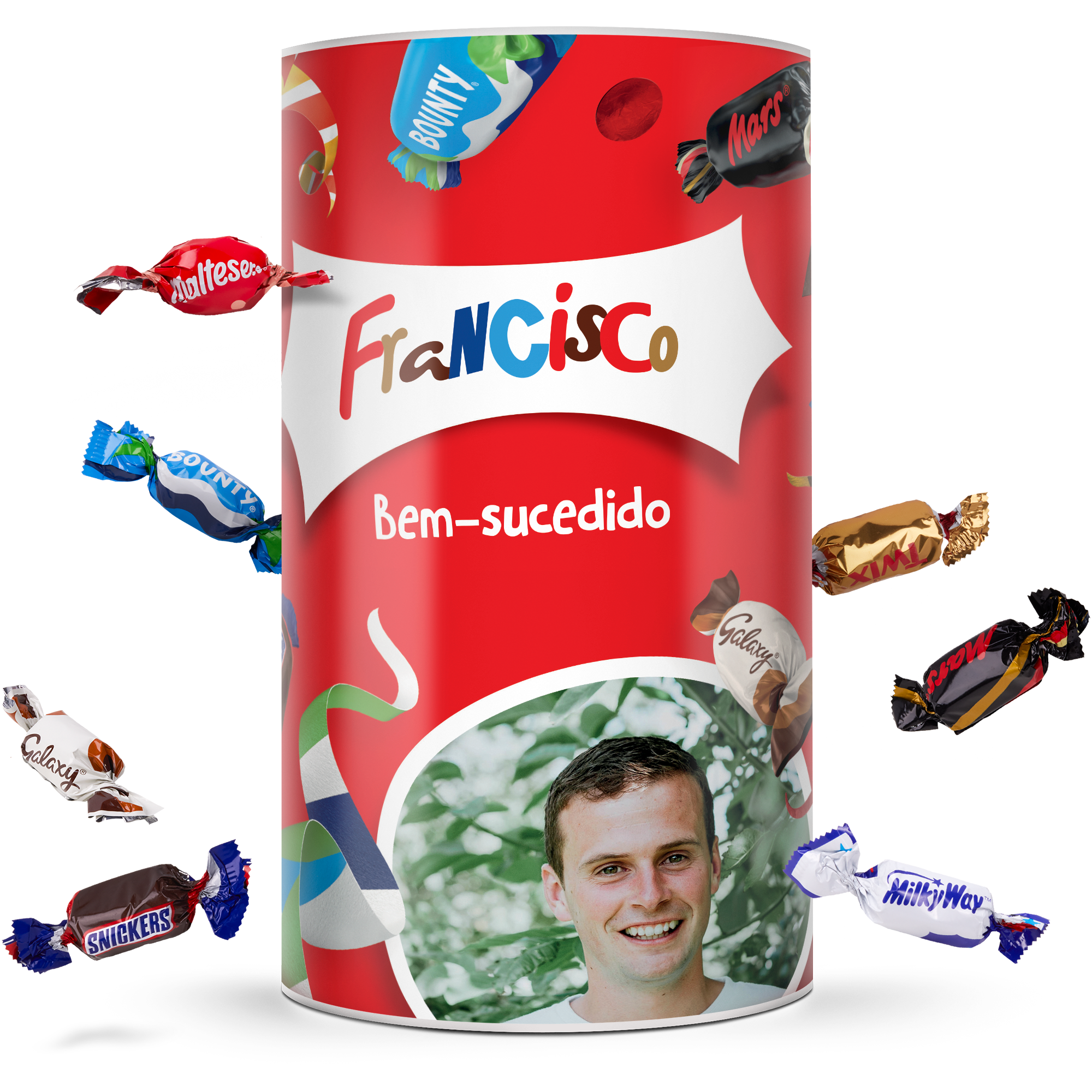 Tubo Celebrations com nome Francisco e foto personalizada de um homem, com a mensagem Bem-sucedido